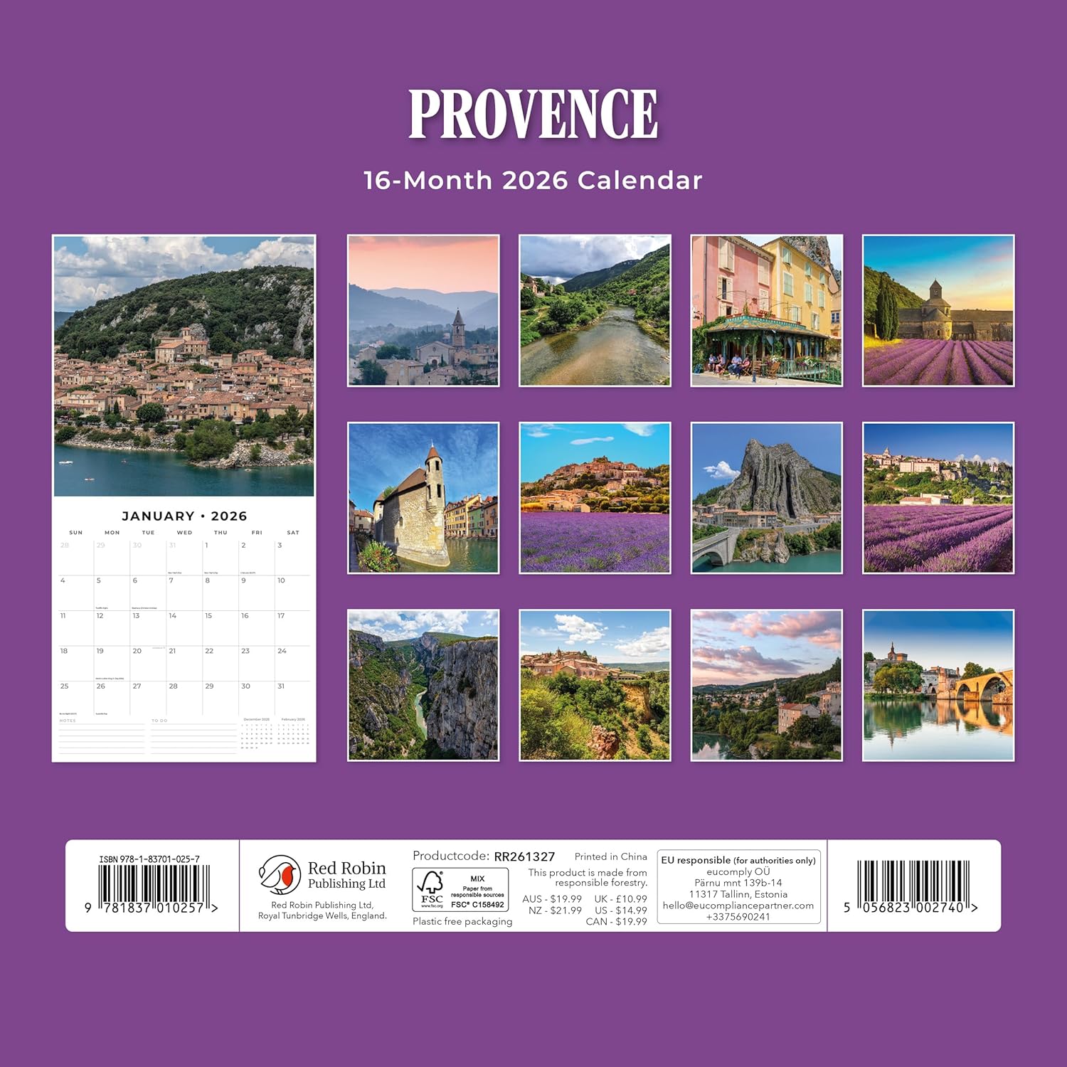 Red Robin 2026 Provence Monthly Wall Calendar | 12" x 24" Open | Premium Thick & Sturdy Paper | Hangable 12 Month Calendar | Lined Notes & To Do Area | Vivid Images | Plastic Free