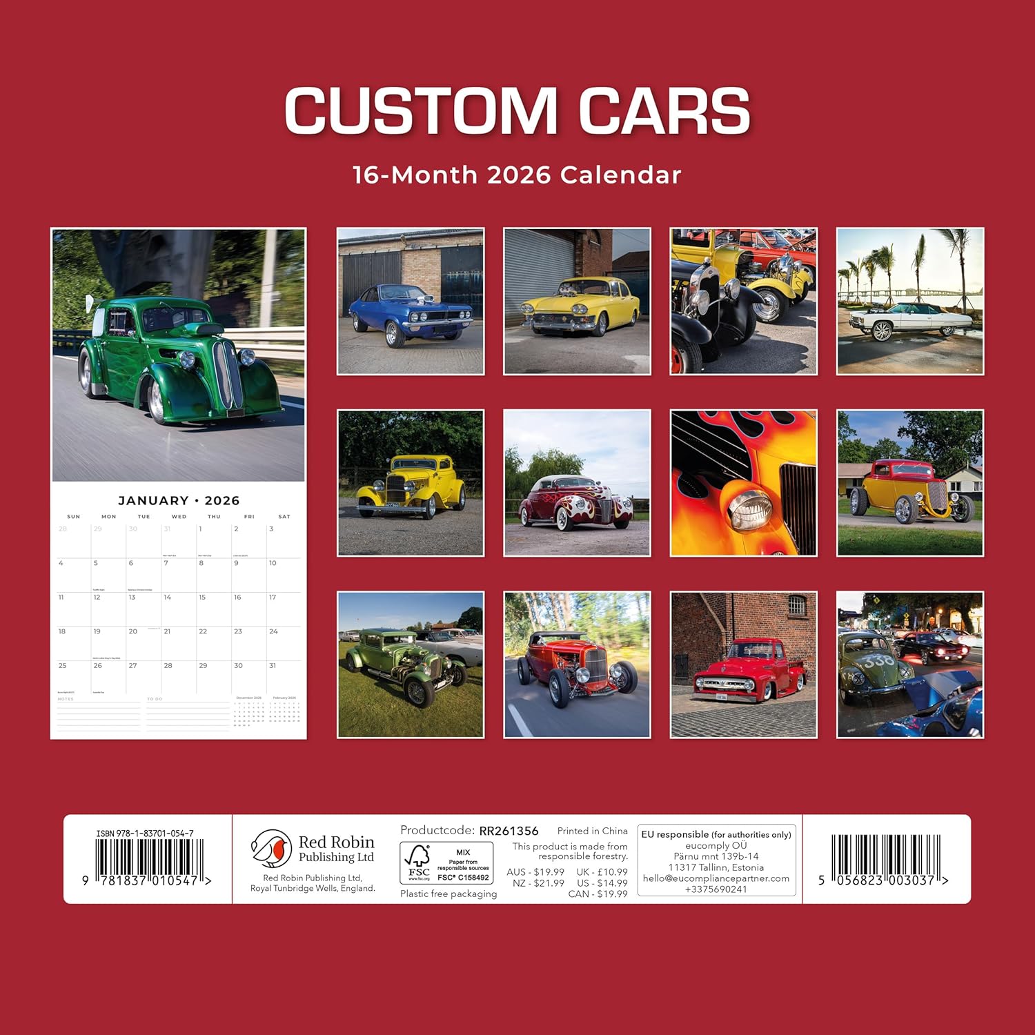 Red Robin 2026 Custom Cars Monthly Wall Calendar | 12" x 24" Open | Premium Thick & Sturdy Paper | Hangable 12 Month Calendar | Lined Notes & To Do Area | Vivid Images | Plastic Free