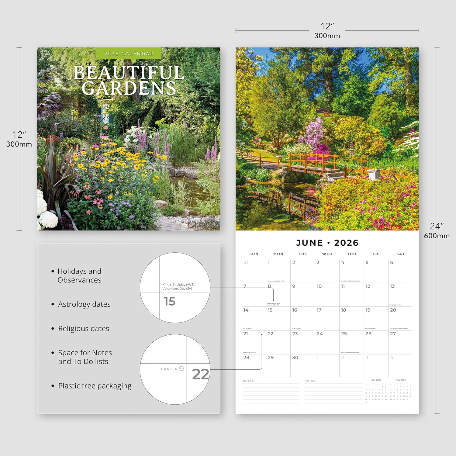 Red Robin 2026 Beautiful Gardens Monthly Wall Calendar | 12" x 24" Open | Premium Thick & Sturdy Paper | Hangable 12 Month Calendar | Lined Notes & To Do Area | Vivid Images | Plastic Free