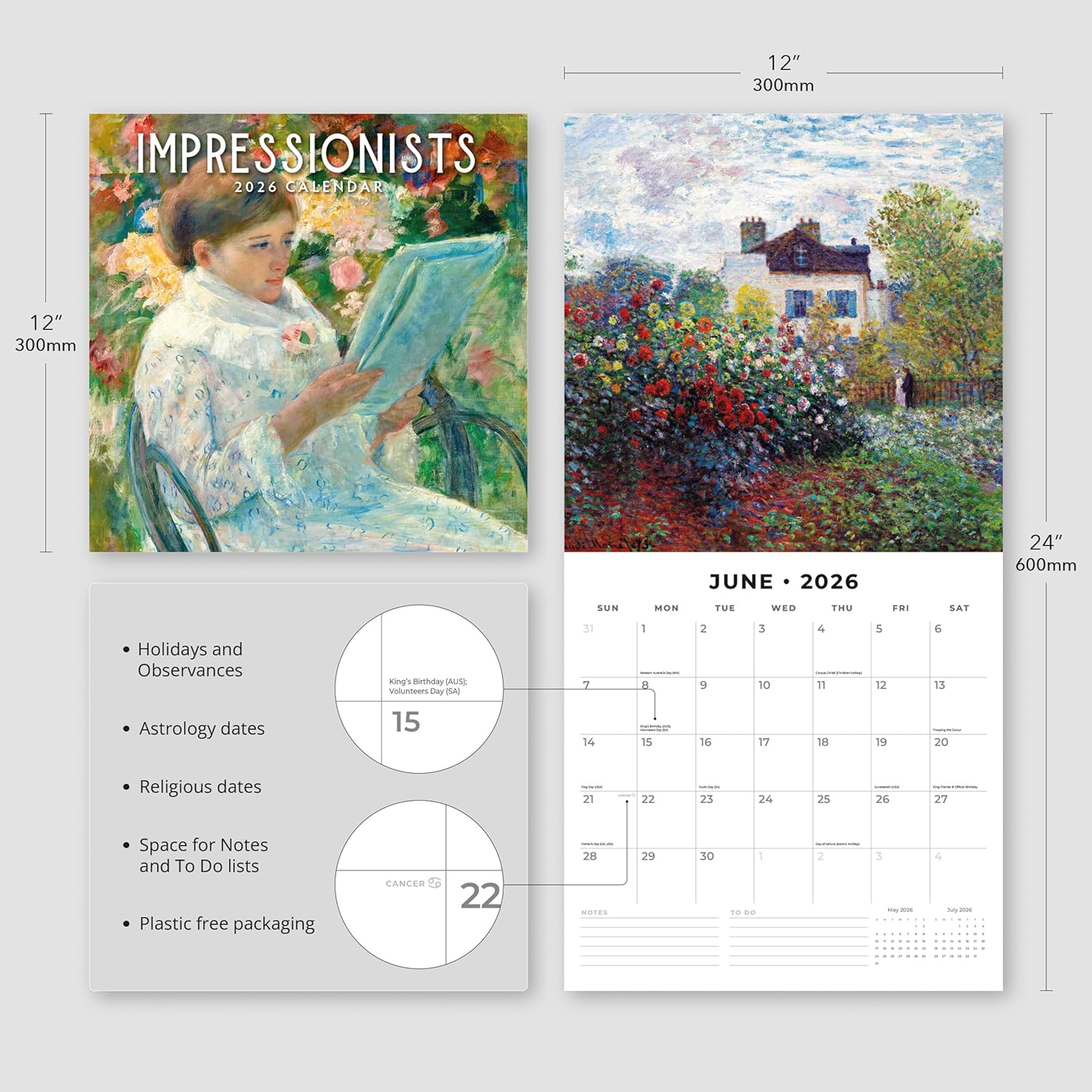 Red Robin 2026 Impressionists Monthly Wall Calendar | 12" x 24" Open | Premium Thick & Sturdy Paper | Hangable 12 Month Calendar | Lined Notes & To Do Area | Vivid Images | Plastic Free