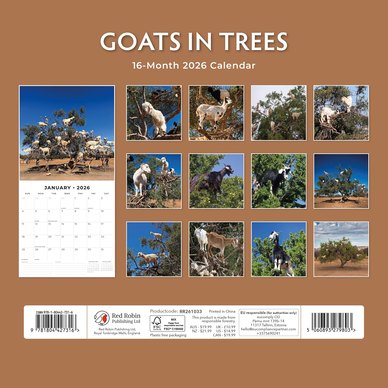 Red Robin 2026 Goats in Trees Monthly Wall Calendar | 12" x 24" Open | Premium Thick & Sturdy Paper | Hangable 12 Month Calendar | Lined Notes & To Do Area | Vivid Images | Plastic Free