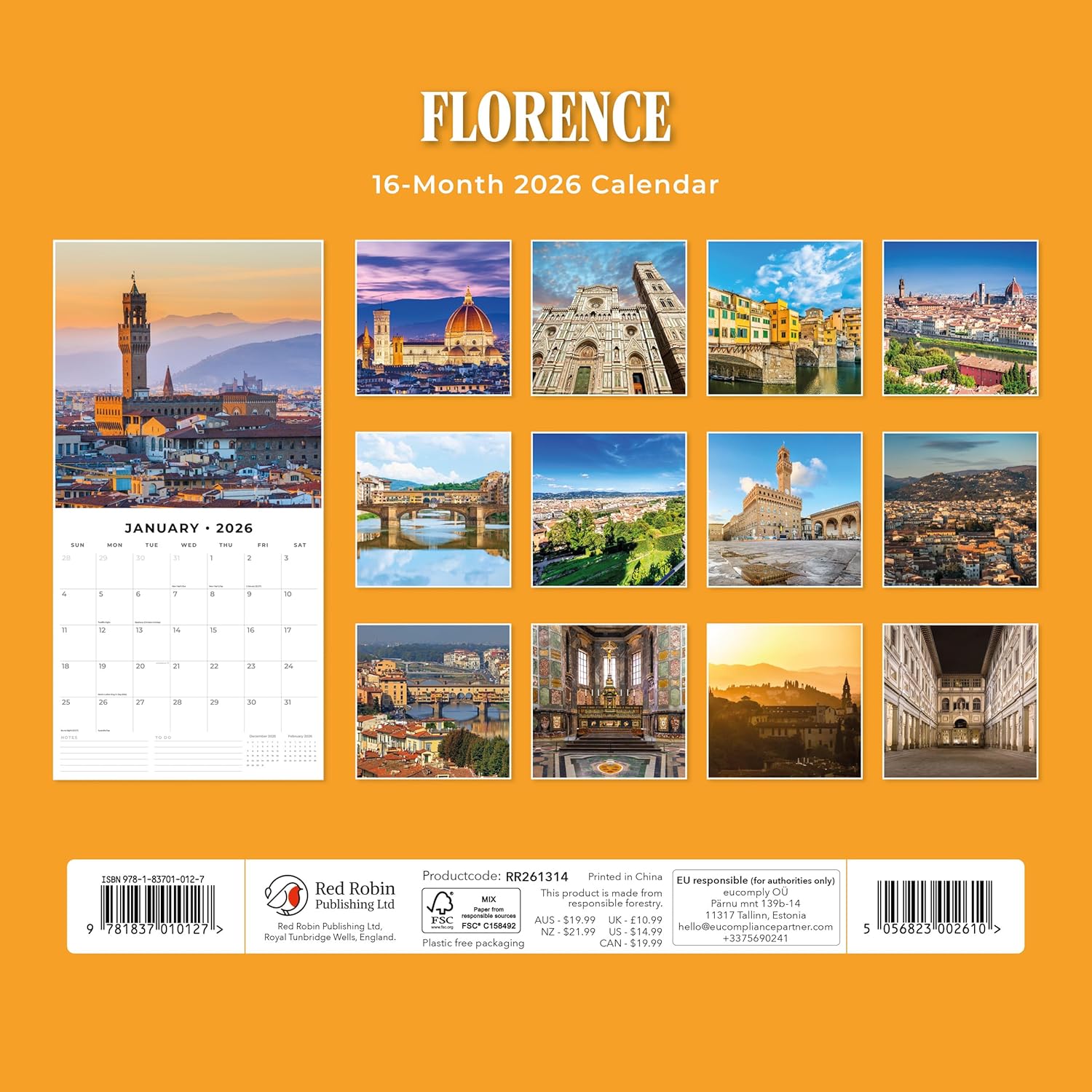 Red Robin 2026 Florence Monthly Wall Calendar | 12" x 24" Open | Premium Thick & Sturdy Paper | Hangable 12 Month Calendar | Lined Notes & To Do Area | Vivid Images | Plastic Free