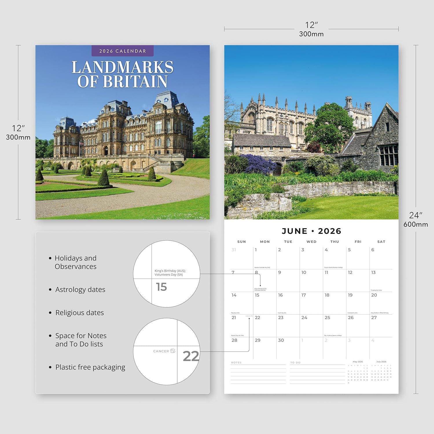 Red Robin 2026 Landmarks of Britain Monthly Wall Calendar | 12" x 24" Open | Premium Thick & Sturdy Paper | Hangable 12 Month Calendar | Lined Notes & To Do Area | Vivid Images | Plastic Free