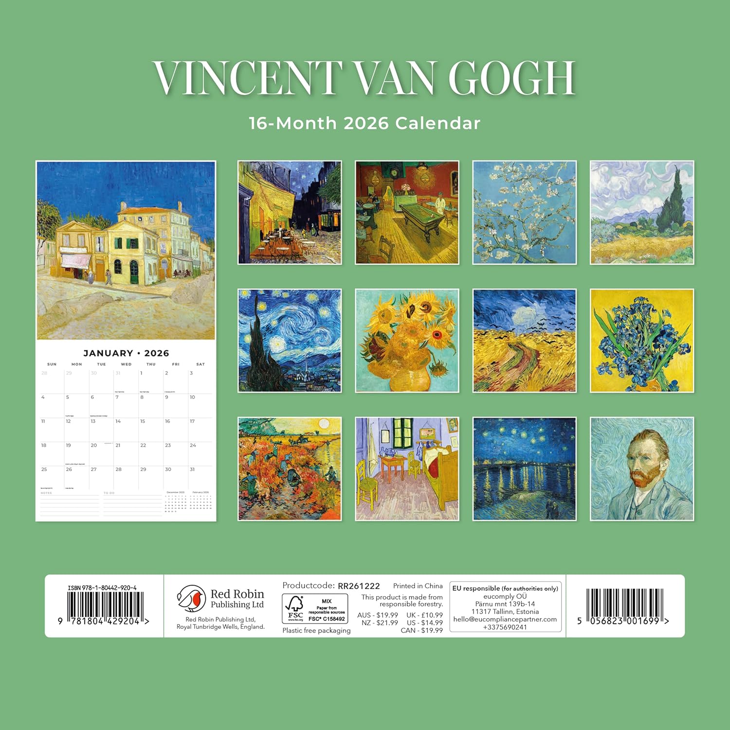 Red Robin 2026 Van Gogh Monthly Wall Calendar | 12" x 24" Open | Premium Thick & Sturdy Paper | Hangable 12 Month Calendar | Lined Notes & To Do Area | Vivid Images | Plastic Free