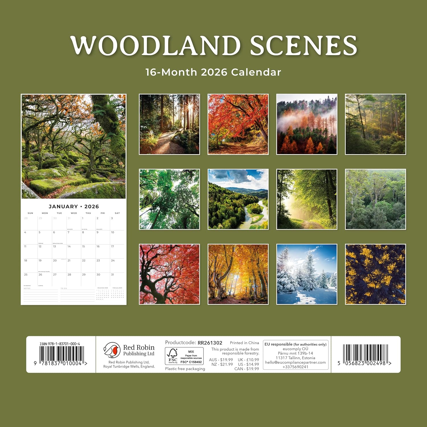Red Robin 2026 Woodland Scenes Monthly Wall Calendar | 12" x 24" Open | Premium Thick & Sturdy Paper | Hangable 12 Month Calendar | Lined Notes & To Do Area | Vivid Images | Plastic Free