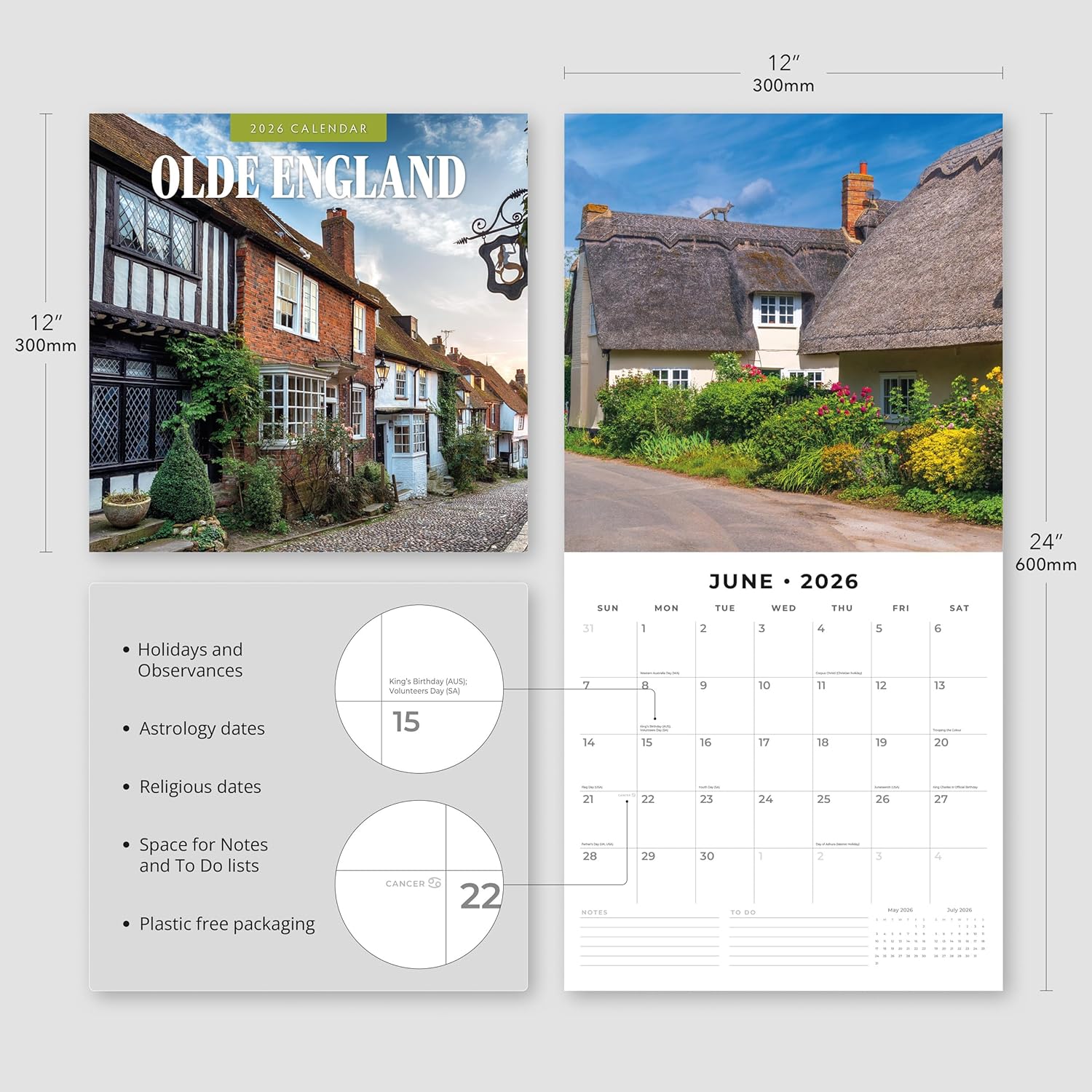 Red Robin 2026 Olde England Monthly Wall Calendar | 12" x 24" Open | Premium Thick & Sturdy Paper | Hangable 12 Month Calendar | Lined Notes & To Do Area | Vivid Images | Plastic Free