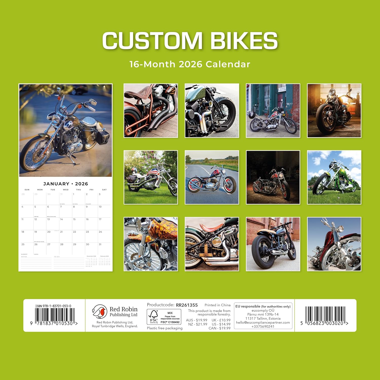 Red Robin 2026 Custom Bikes Monthly Wall Calendar | 12" x 24" Open | Premium Thick & Sturdy Paper | Hangable 12 Month Calendar | Lined Notes & To Do Area | Vivid Images | Plastic Free