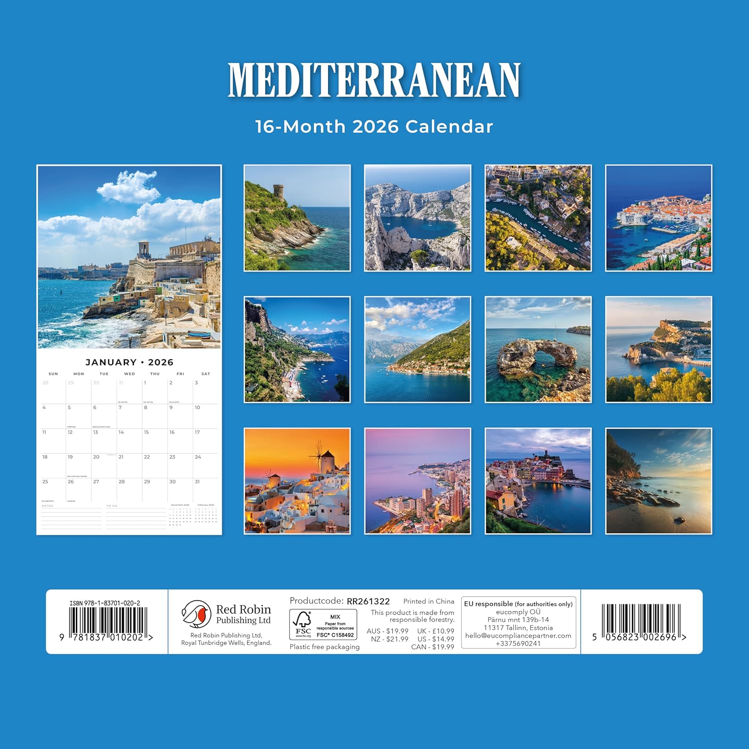 Red Robin 2026 Mediterranean Monthly Wall Calendar | 12" x 24" Open | Premium Thick & Sturdy Paper | Hangable 12 Month Calendar | Lined Notes & To Do Area | Vivid Images | Plastic Free
