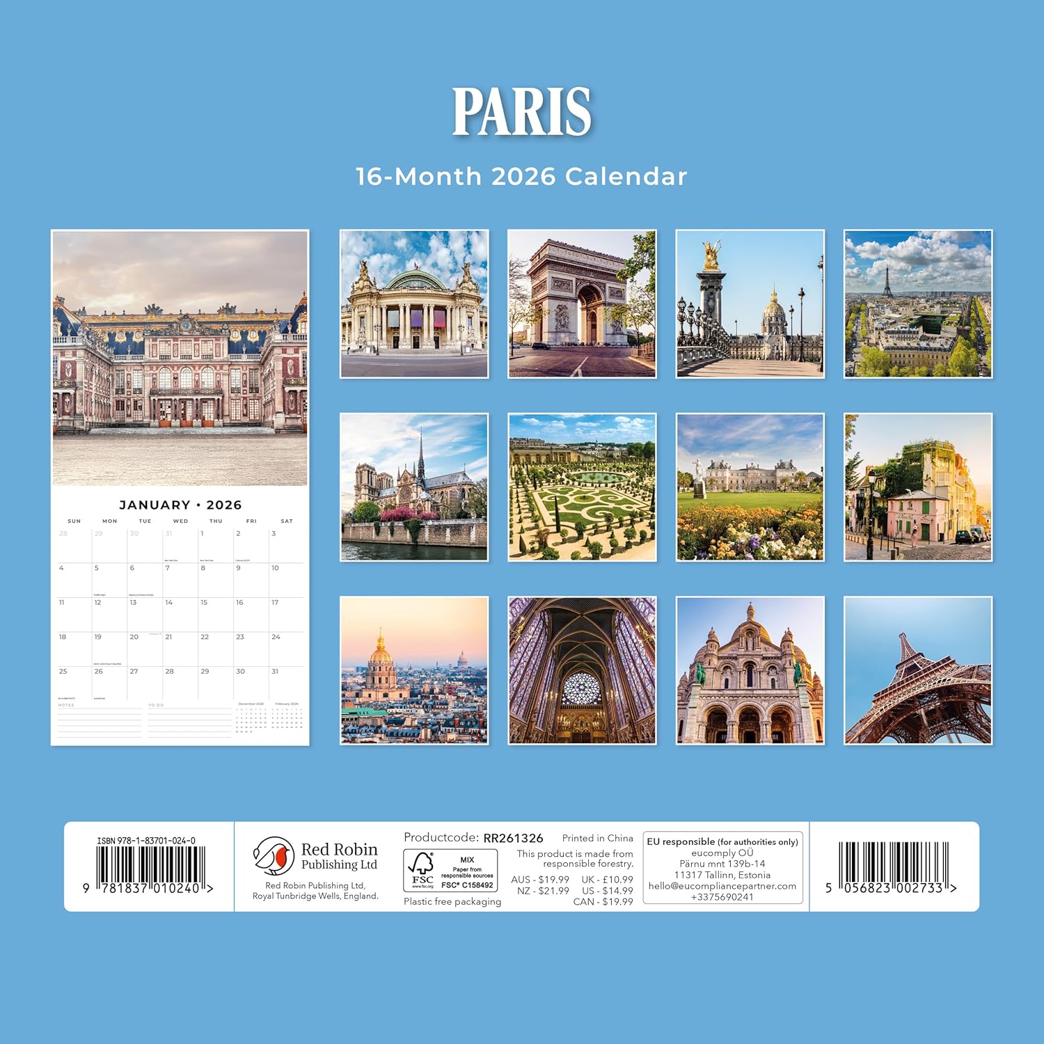 Red Robin 2026 Paris Monthly Wall Calendar | 12" x 24" Open | Premium Thick & Sturdy Paper | Hangable 12 Month Calendar | Lined Notes & To Do Area | Vivid Images | Plastic Free
