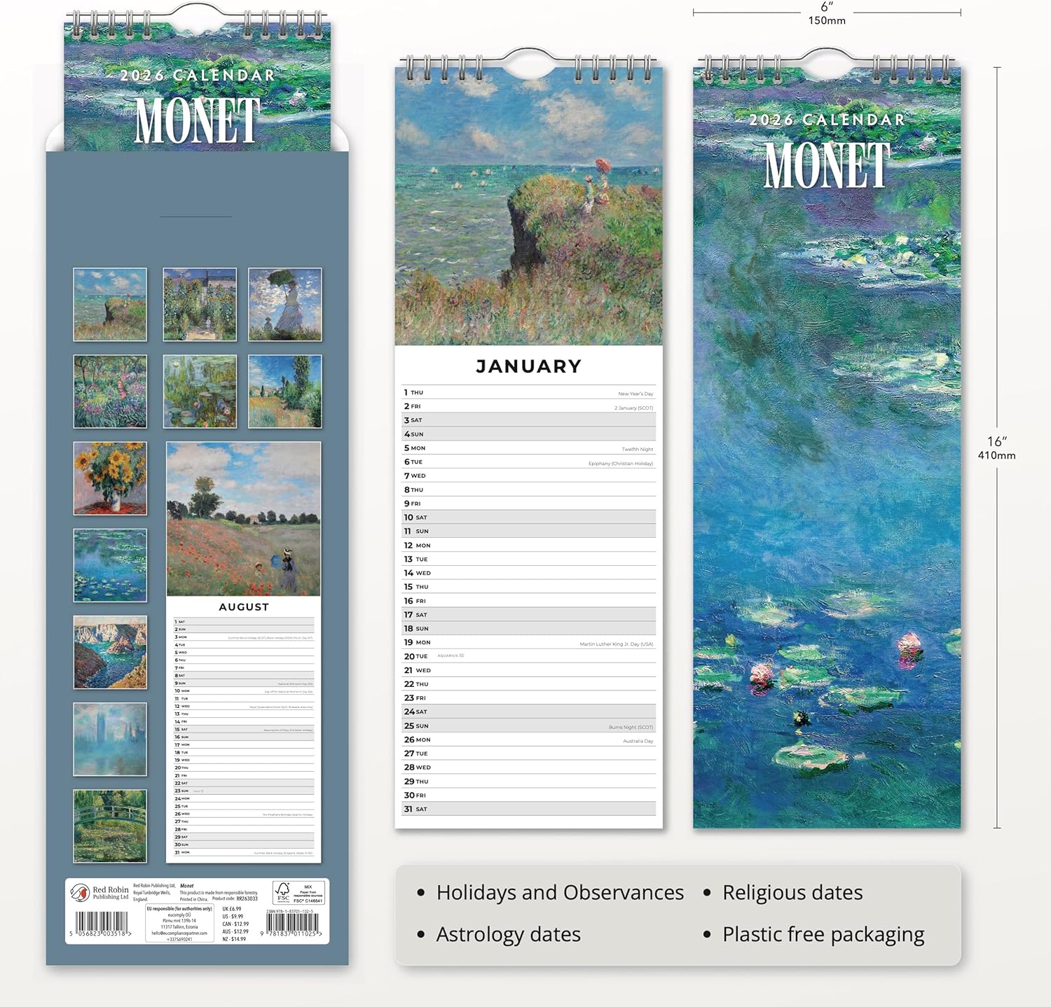 Red Robin 2026 Monet Monthly Slim Calendar | 6" x 16" Open | Premium Thick & Sturdy Paper | Tall Hangable 12 Month Calendar | Vivid Images | Plastic Free | Wire Spiral