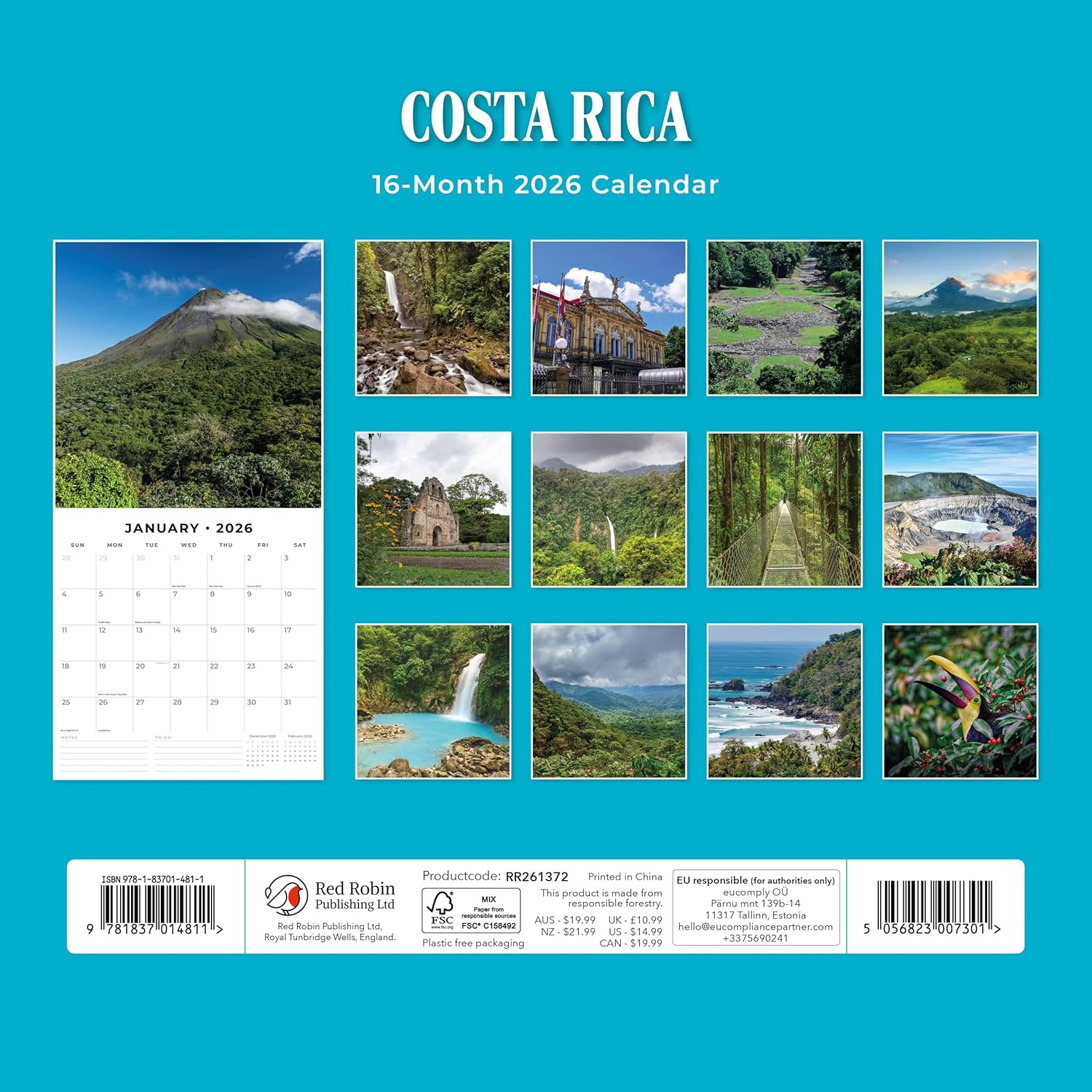 Red Robin 2026 Costa Rica Monthly Wall Calendar | 12" x 24" Open | Premium Thick & Sturdy Paper | Hangable 12 Month Calendar | Lined Notes & To Do Area | Vivid Images | Plastic Free