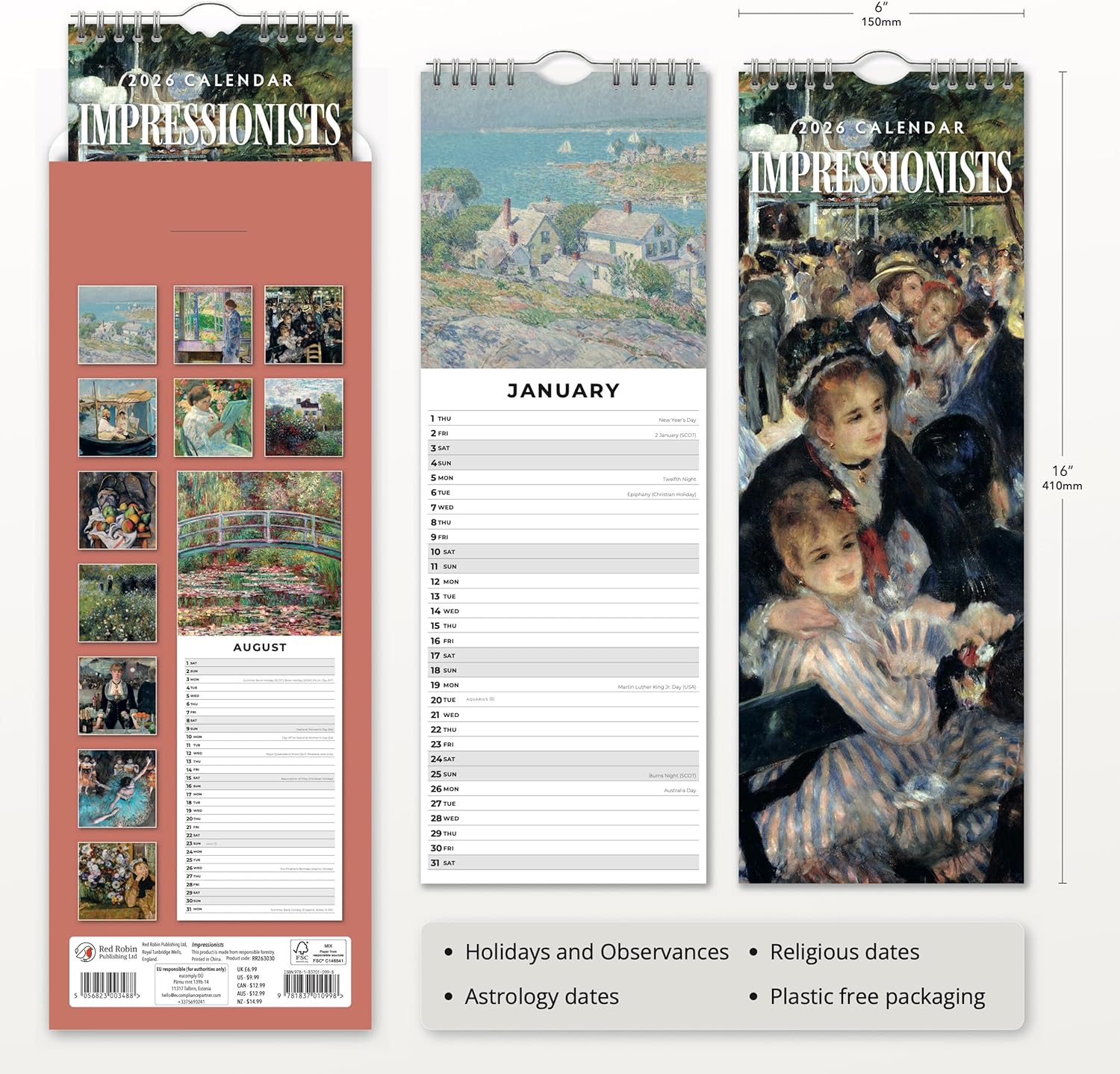 Red Robin 2026 Impressionists Monthly Slim Calendar | 6" x 16" Open | Premium Thick & Sturdy Paper | Tall Hangable 12 Month Calendar | Vivid Images | Plastic Free | Wire Spiral