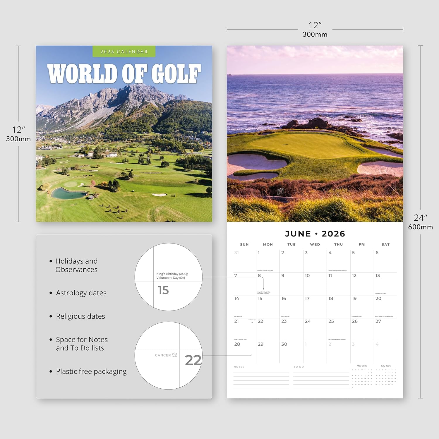 Red Robin 2026 World of Golf Monthly Wall Calendar | 12" x 24" Open | Premium Thick & Sturdy Paper | Hangable 12 Month Calendar | Lined Notes & To Do Area | Vivid Images | Plastic Free