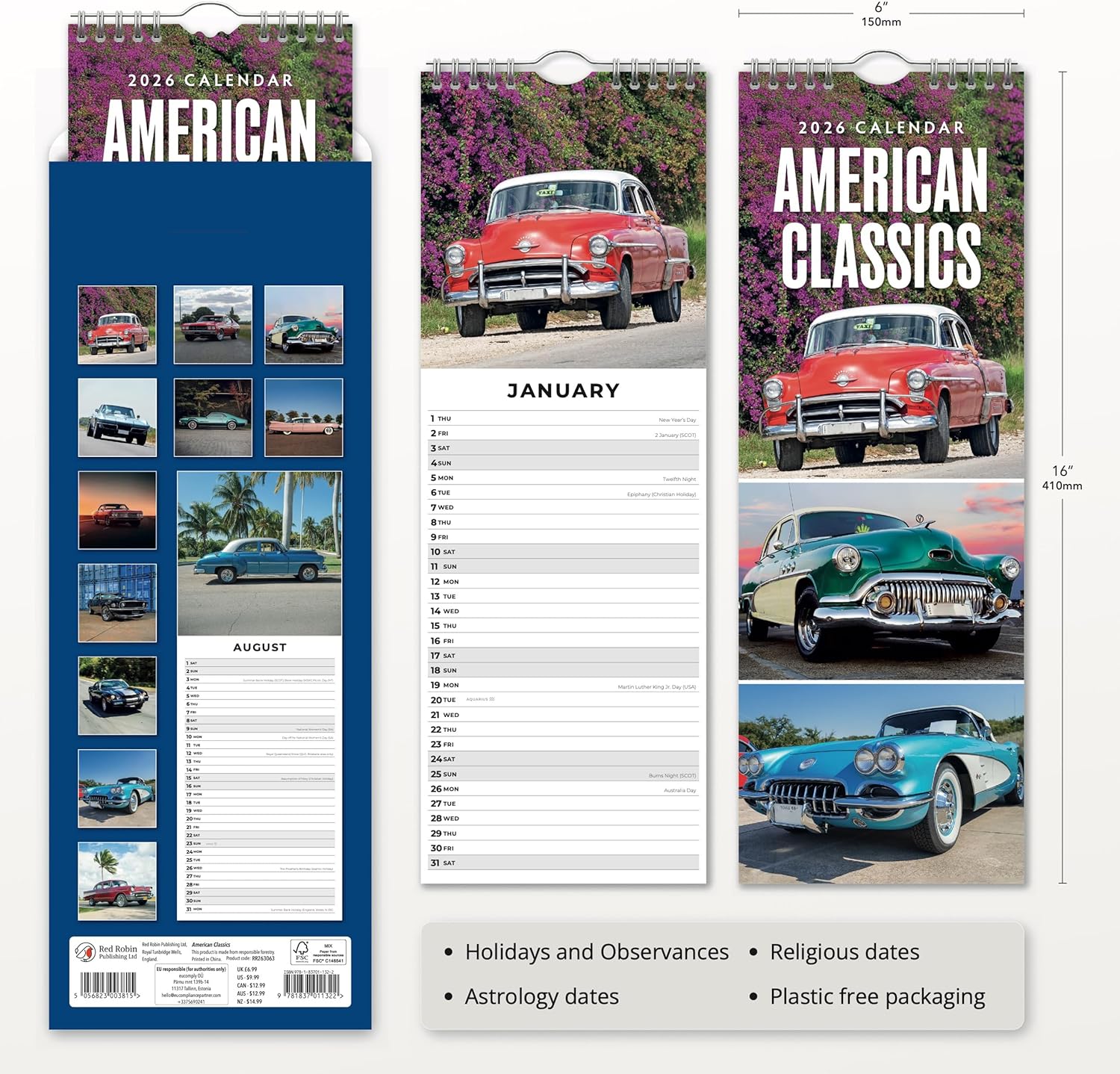 Red Robin 2026 American Classics Monthly Slim Calendar | 6" x 16" Open | Premium Thick & Sturdy Paper | Tall Hangable 12 Month Calendar | Vivid Images | Plastic Free | Wire Spiral