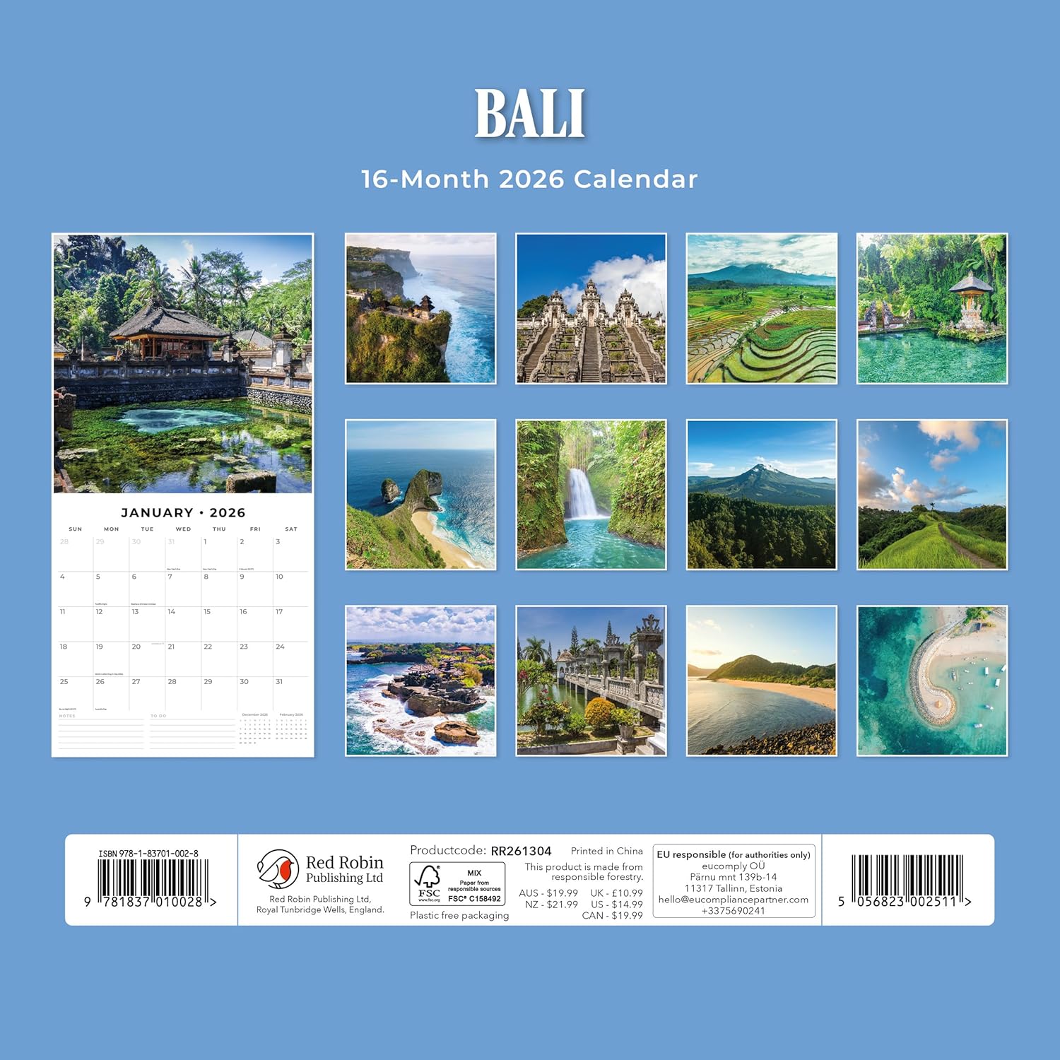 Red Robin 2026 Bali Monthly Wall Calendar | 12" x 24" Open | Premium Thick & Sturdy Paper | Hangable 12 Month Calendar | Lined Notes & To Do Area | Vivid Images | Plastic Free