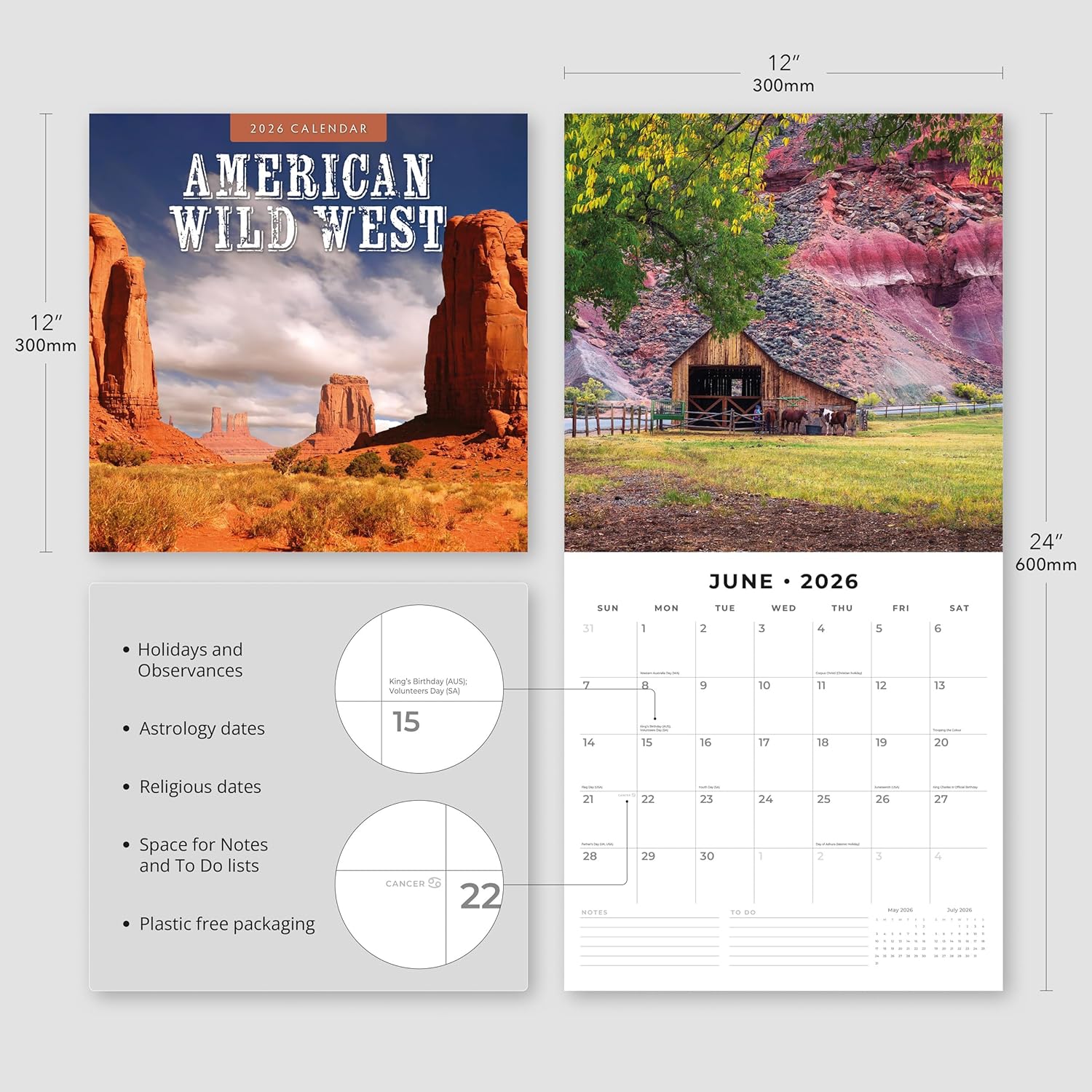 Red Robin 2026 American Wild West Monthly Wall Calendar | 12" x 24" Open | Premium Thick & Sturdy Paper | Hangable 12 Month Calendar | Lined Notes & To Do Area | Vivid Images | Plastic Free