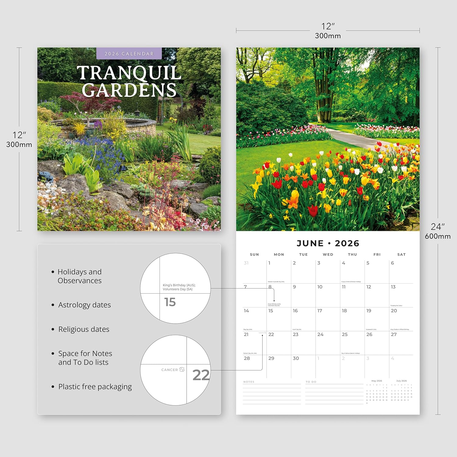 Red Robin 2026 Tranquil Gardens Monthly Wall Calendar | 12" x 24" Open | Premium Thick & Sturdy Paper | Hangable 12 Month Calendar | Lined Notes & To Do Area | Vivid Images | Plastic Free