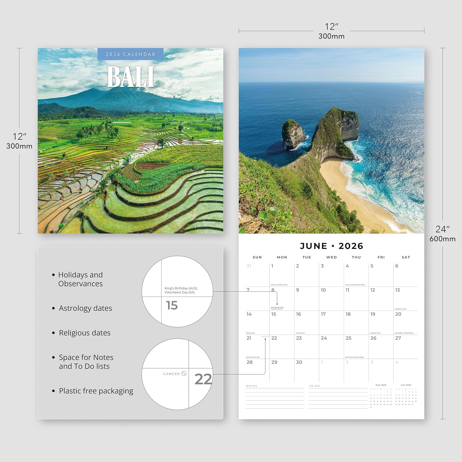 Red Robin 2026 Bali Monthly Wall Calendar | 12" x 24" Open | Premium Thick & Sturdy Paper | Hangable 12 Month Calendar | Lined Notes & To Do Area | Vivid Images | Plastic Free