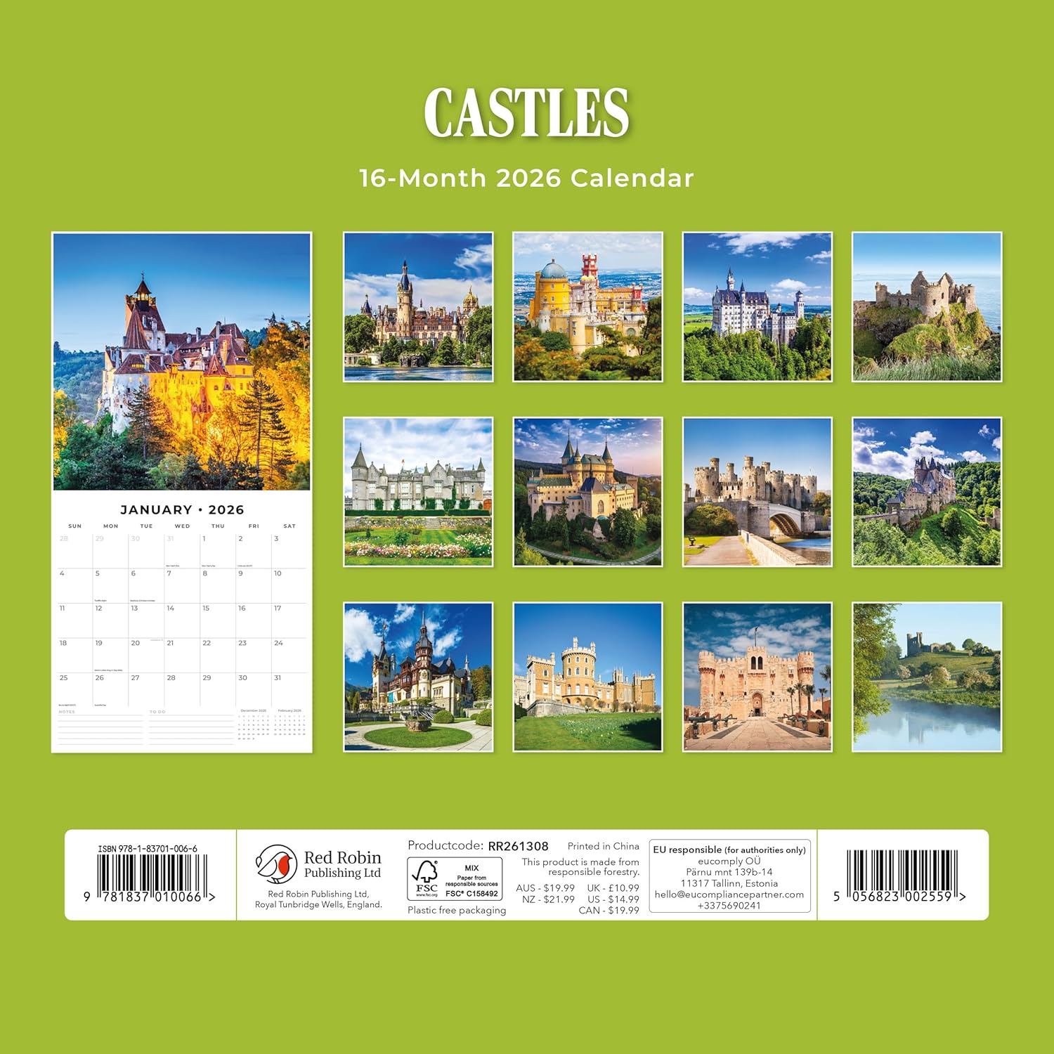 Red Robin 2026 Castles Monthly Wall Calendar | 12" x 24" Open | Premium Thick & Sturdy Paper | Hangable 12 Month Calendar | Lined Notes & To Do Area | Vivid Images | Plastic Free