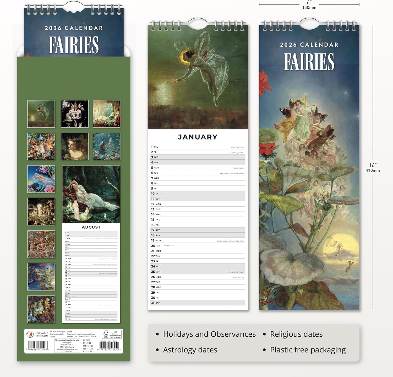 Red Robin 2026 Fairies Monthly Slim Calendar | 6" x 16" Open | Premium Thick & Sturdy Paper | Tall Hangable 12 Month Calendar | Vivid Images | Plastic Free | Wire Spiral