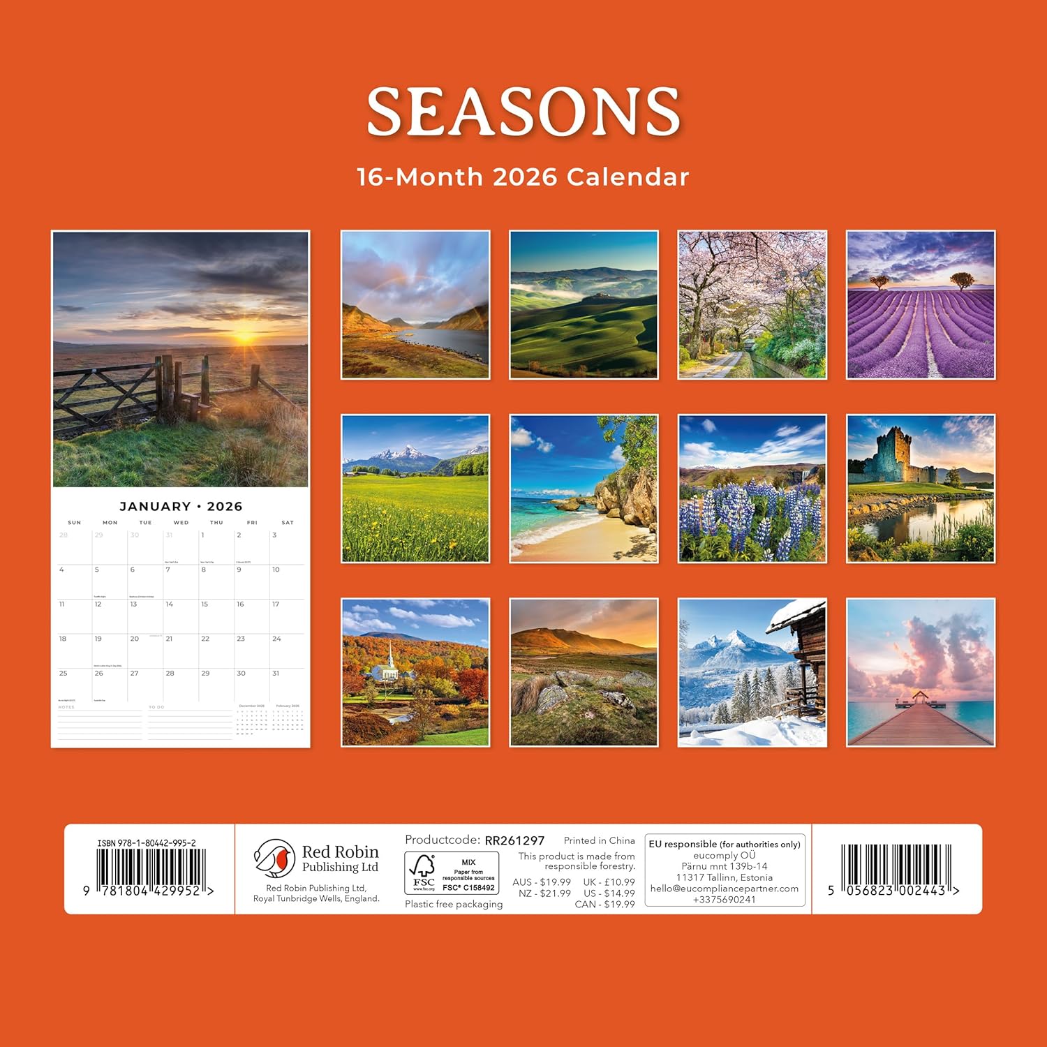 Red Robin 2026 Seasons Monthly Wall Calendar | 12" x 24" Open | Premium Thick & Sturdy Paper | Hangable 12 Month Calendar | Lined Notes & To Do Area | Vivid Images | Plastic Free