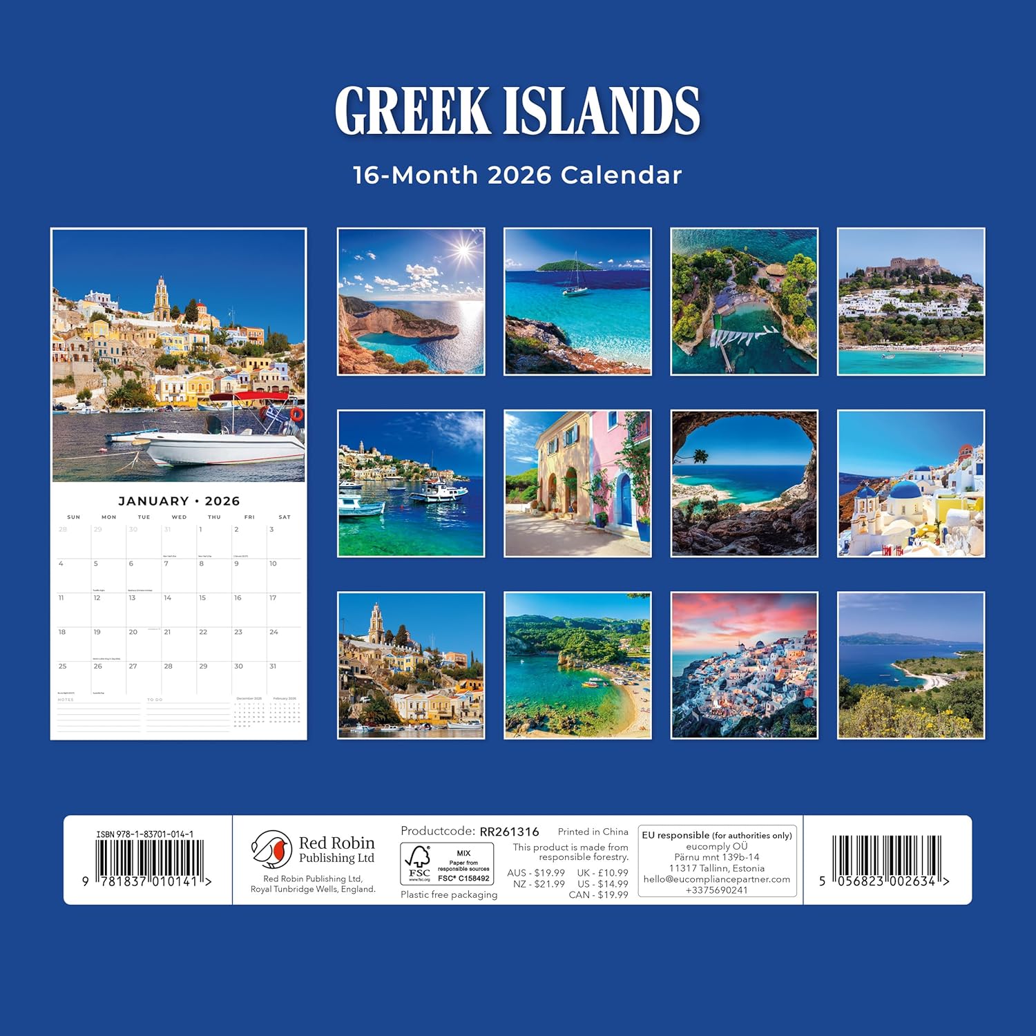 Red Robin 2026 Greek Islands Monthly Wall Calendar | 12" x 24" Open | Premium Thick & Sturdy Paper | Hangable 12 Month Calendar | Lined Notes & To Do Area | Vivid Images | Plastic Free