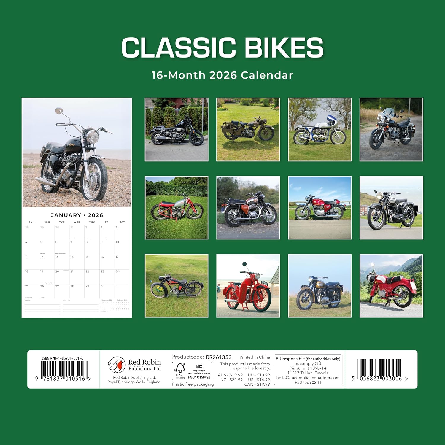 Red Robin 2026 Classic Bikes Monthly Wall Calendar | 12" x 24" Open | Premium Thick & Sturdy Paper | Hangable 12 Month Calendar | Lined Notes & To Do Area | Vivid Images | Plastic Free