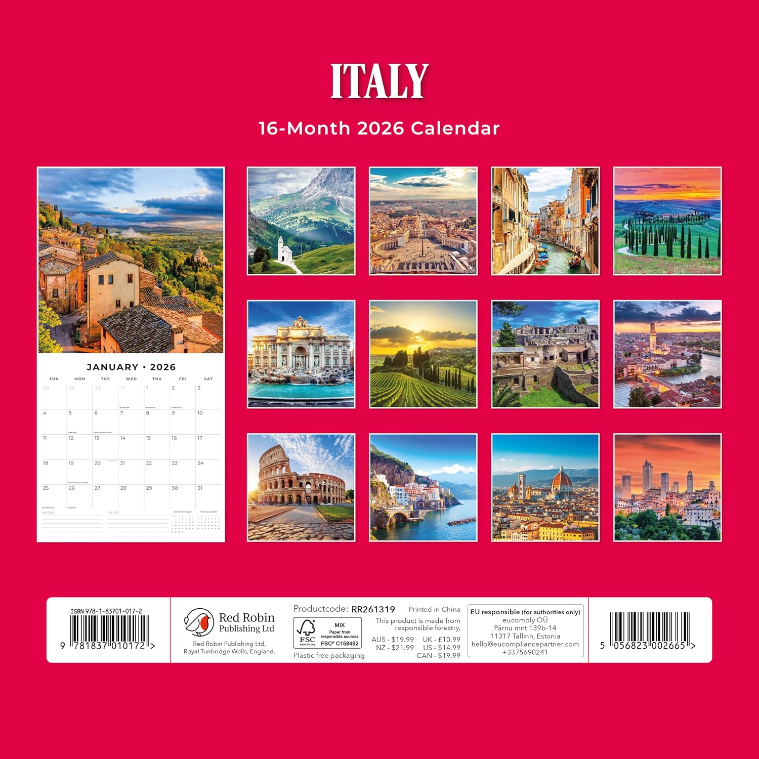 Red Robin 2026 Italy Monthly Wall Calendar | 12" x 24" Open | Premium Thick & Sturdy Paper | Hangable 12 Month Calendar | Lined Notes & To Do Area | Vivid Images | Plastic Free