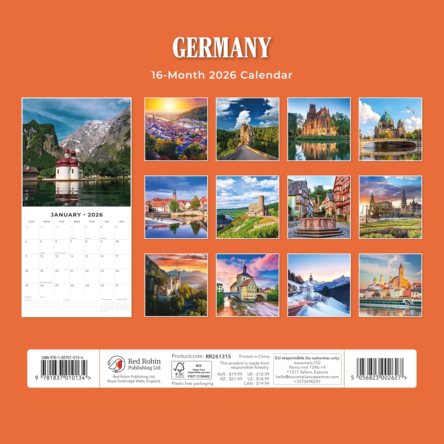 Red Robin 2026 Germany Monthly Wall Calendar | 12" x 24" Open | Premium Thick & Sturdy Paper | Hangable 12 Month Calendar | Lined Notes & To Do Area | Vivid Images | Plastic Free