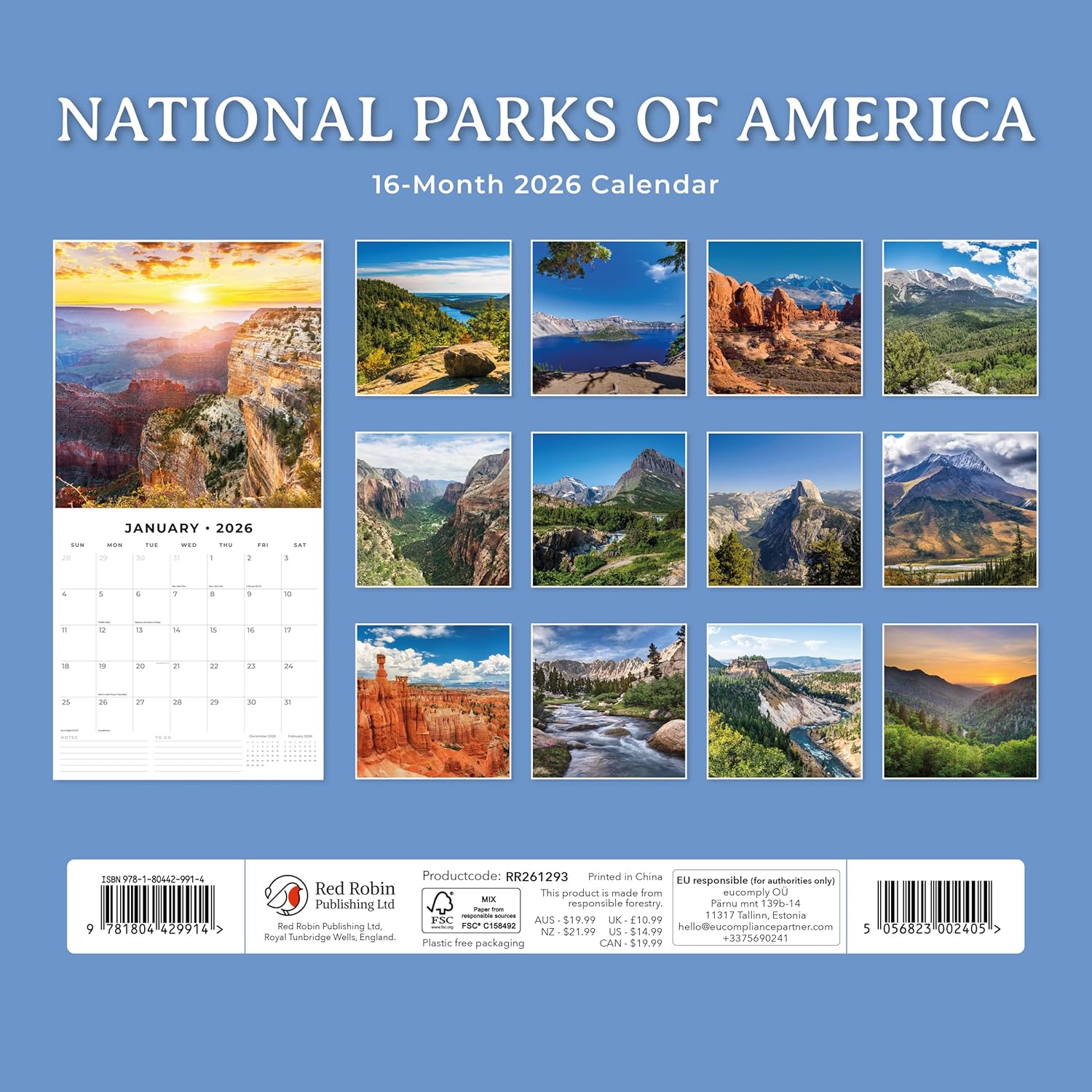 Red Robin 2026 National Parks of America Monthly Wall Calendar | 12" x 24" Open | Premium Thick & Sturdy Paper | Hangable 12 Month Calendar | Lined Notes & To Do Area | Vivid Images | Plastic Free