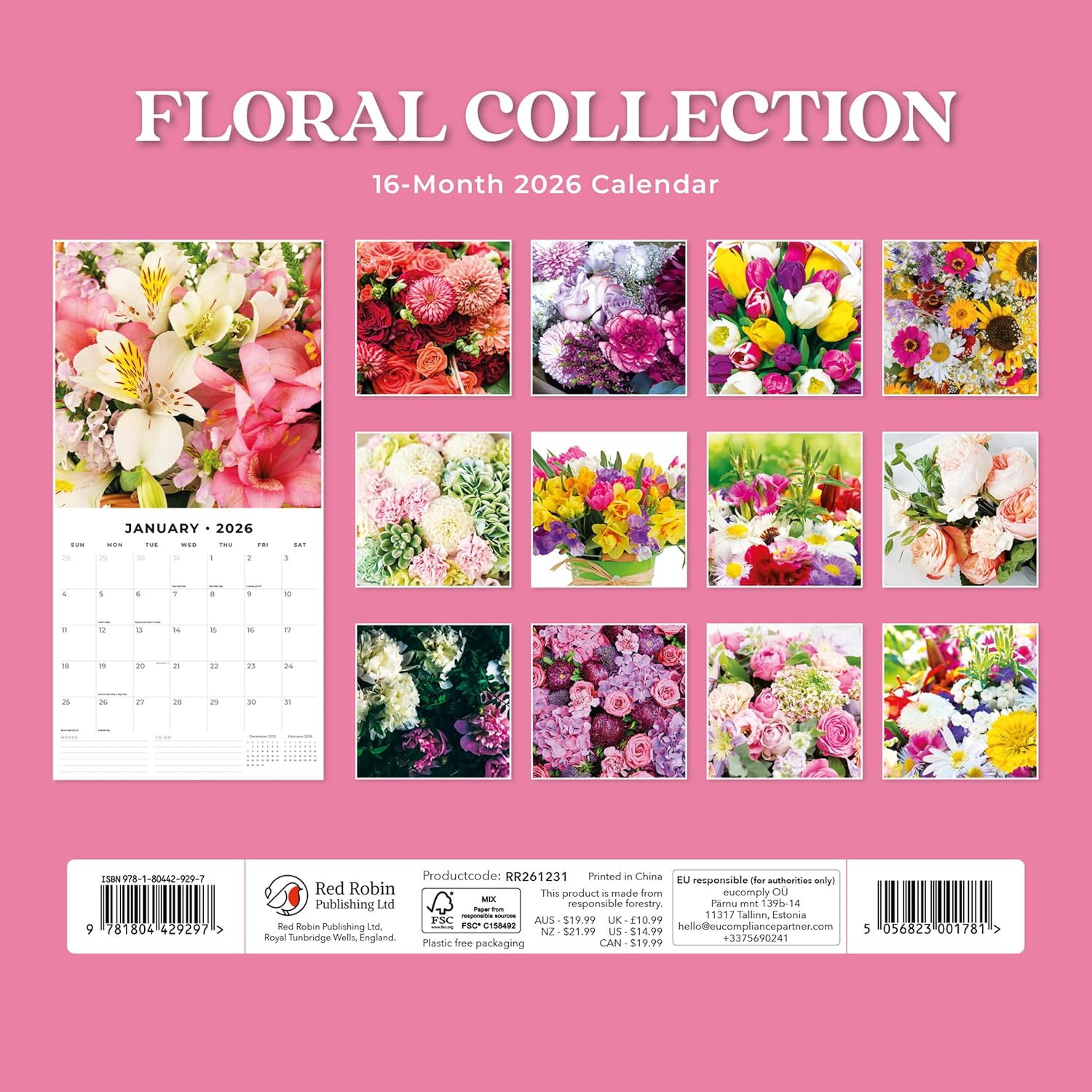 Red Robin 2026 Floral Collection Monthly Wall Calendar | 12" x 24" Open | Premium Thick & Sturdy Paper | Hangable 12 Month Calendar | Lined Notes & To Do Area | Vivid Images | Plastic Free