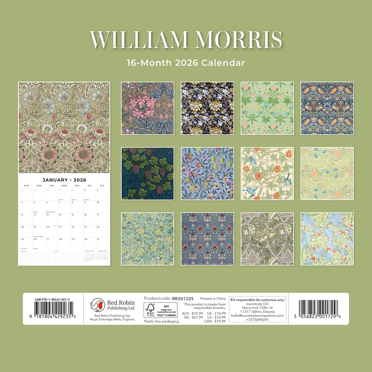 Red Robin 2026 William Morris Monthly Wall Calendar | 12" x 24" Open | Premium Thick & Sturdy Paper | Hangable 12 Month Calendar | Lined Notes & To Do Area | Vivid Images | Plastic Free