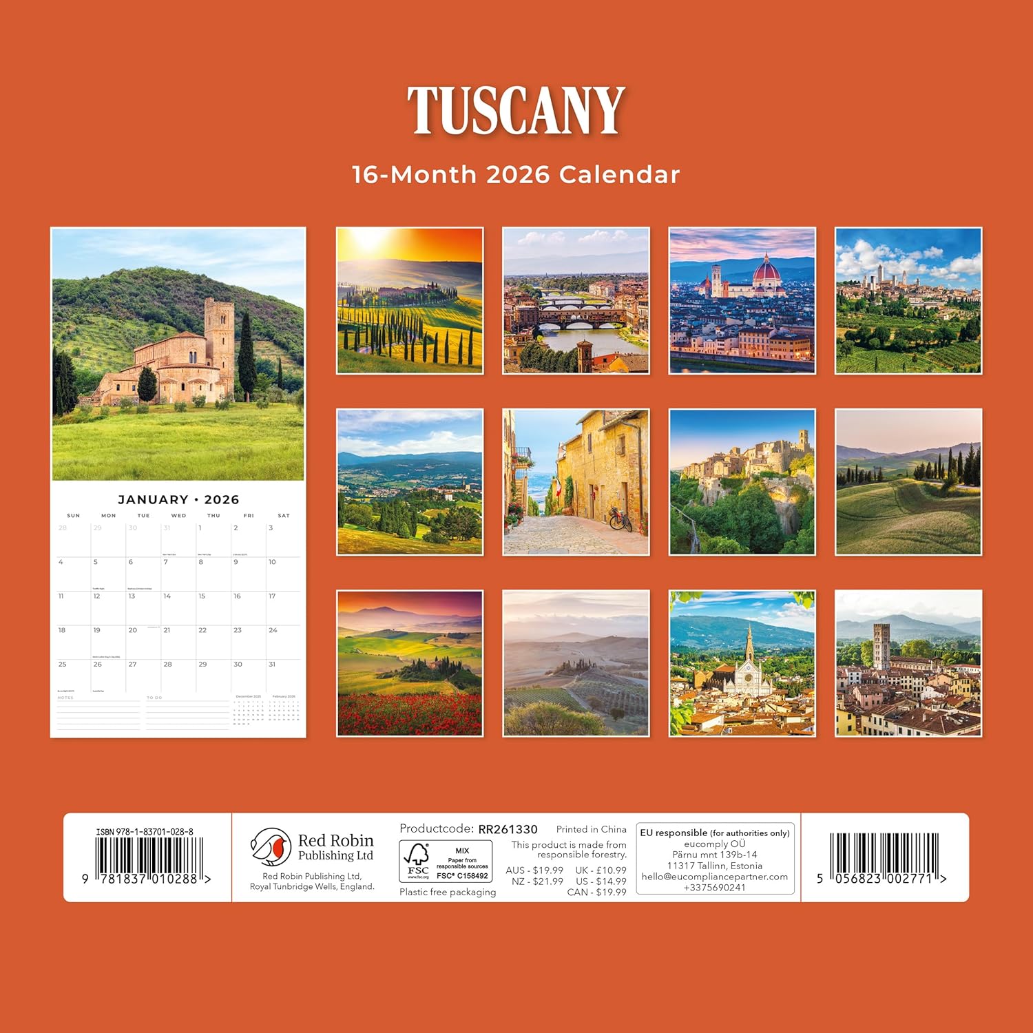 Red Robin 2026 Tuscany Monthly Wall Calendar | 12" x 24" Open | Premium Thick & Sturdy Paper | Hangable 12 Month Calendar | Lined Notes & To Do Area | Vivid Images | Plastic Free