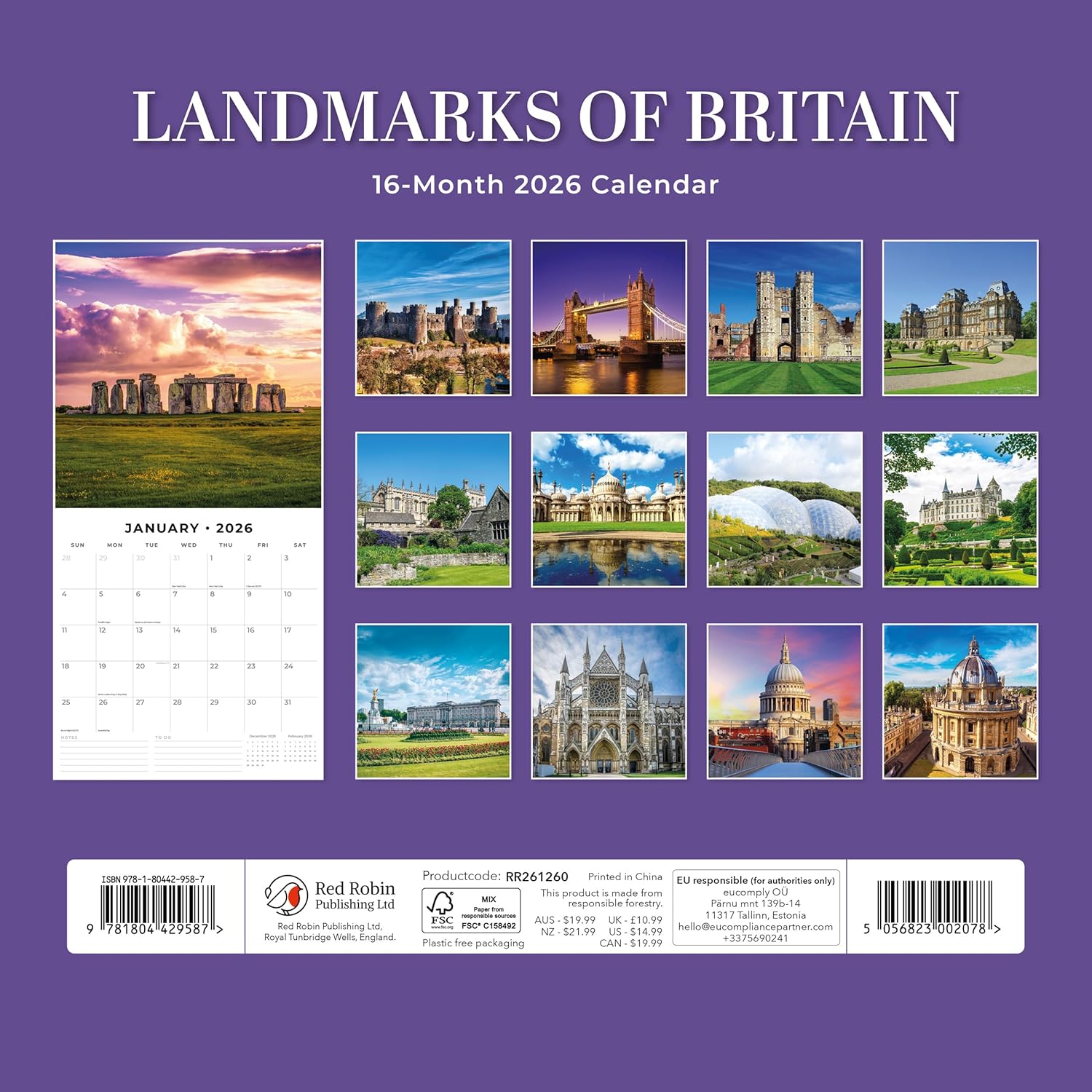 Red Robin 2026 Landmarks of Britain Monthly Wall Calendar | 12" x 24" Open | Premium Thick & Sturdy Paper | Hangable 12 Month Calendar | Lined Notes & To Do Area | Vivid Images | Plastic Free