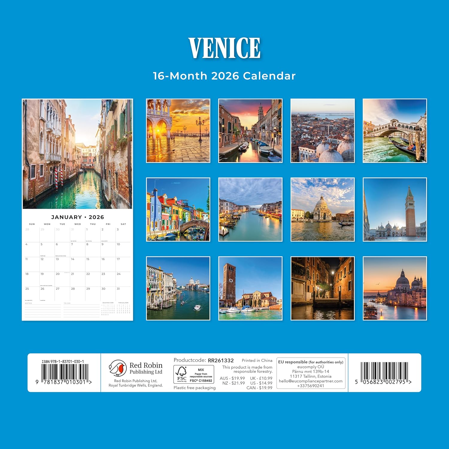Red Robin 2026 Venice Monthly Wall Calendar | 12" x 24" Open | Premium Thick & Sturdy Paper | Hangable 12 Month Calendar | Lined Notes & To Do Area | Vivid Images | Plastic Free