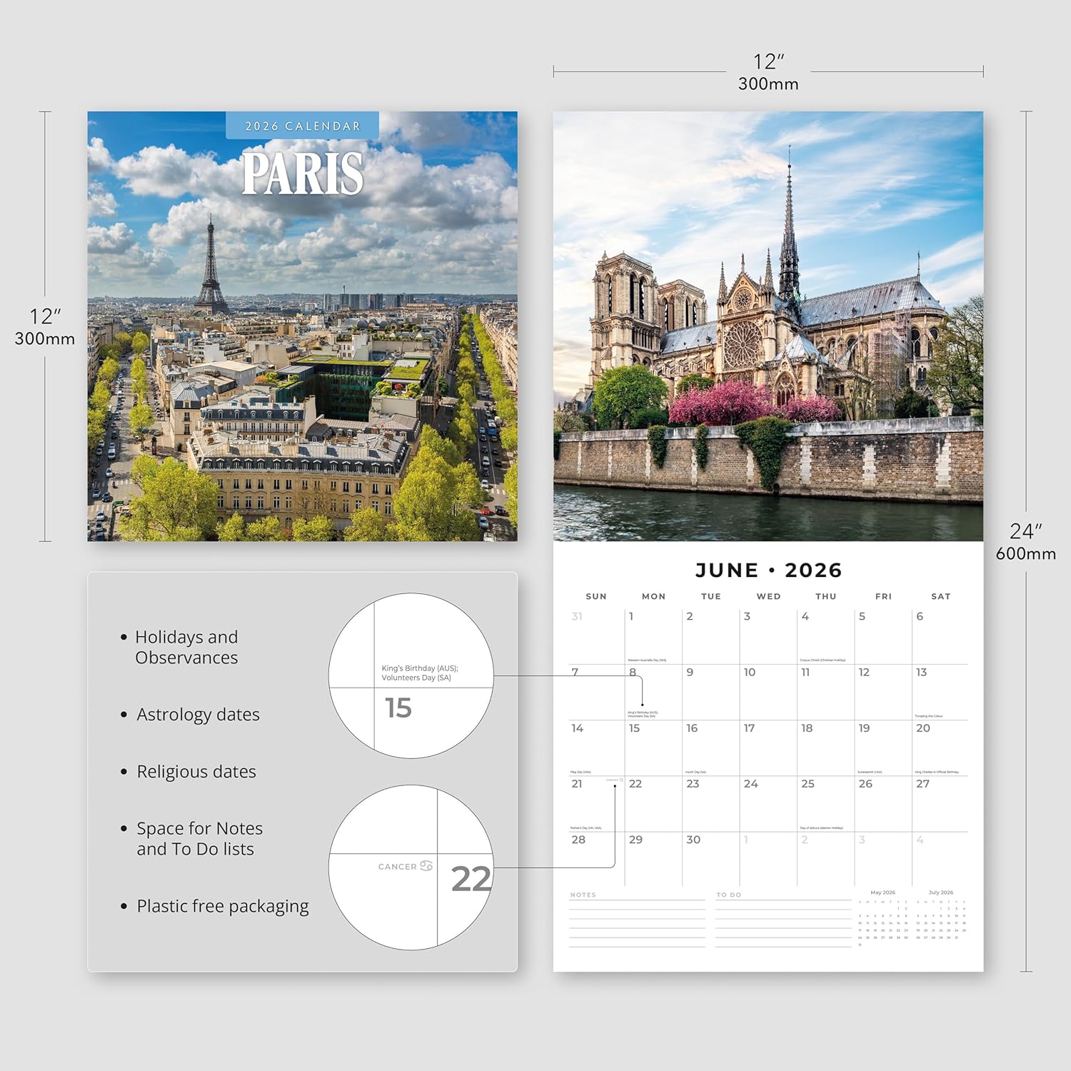 Red Robin 2026 Paris Monthly Wall Calendar | 12" x 24" Open | Premium Thick & Sturdy Paper | Hangable 12 Month Calendar | Lined Notes & To Do Area | Vivid Images | Plastic Free