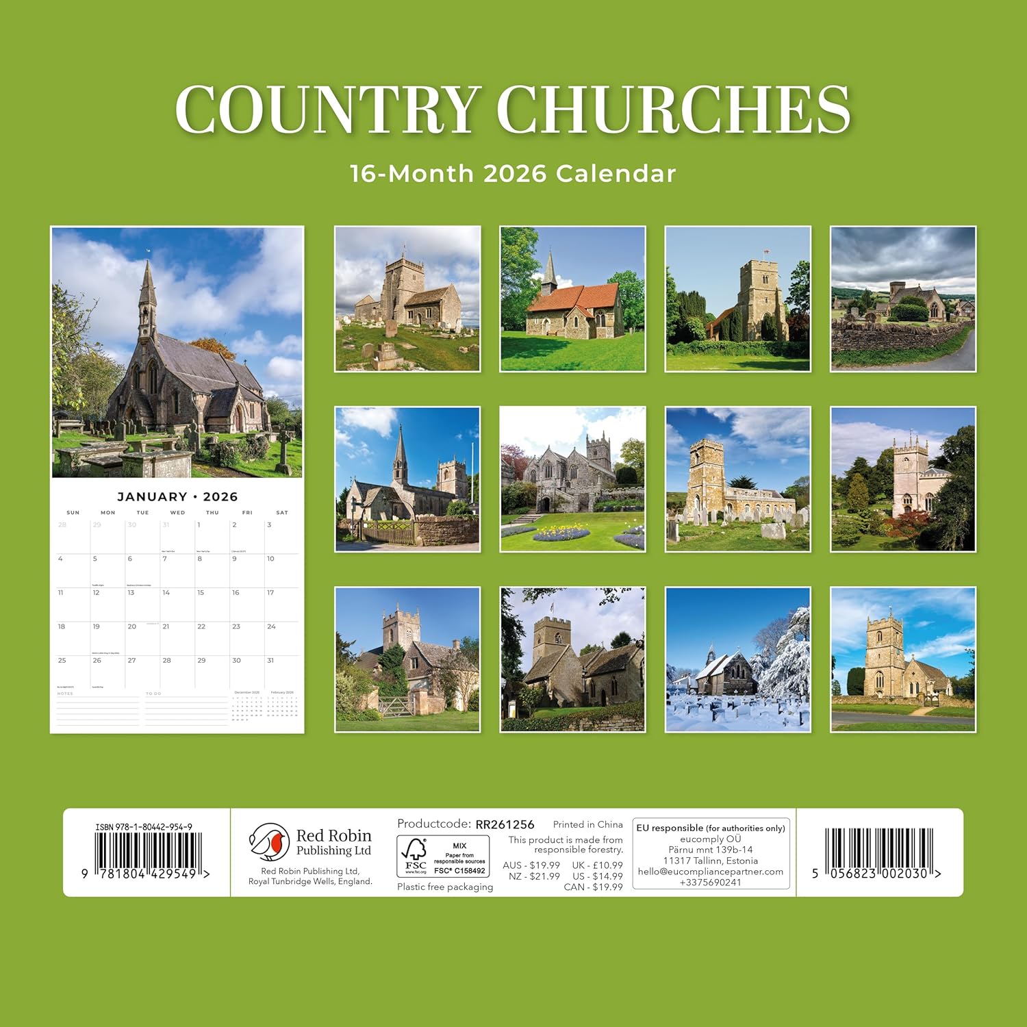 Red Robin 2026 Country Churches Monthly Wall Calendar | 12" x 24" Open | Premium Thick & Sturdy Paper | Hangable 12 Month Calendar | Lined Notes & To Do Area | Vivid Images | Plastic Free