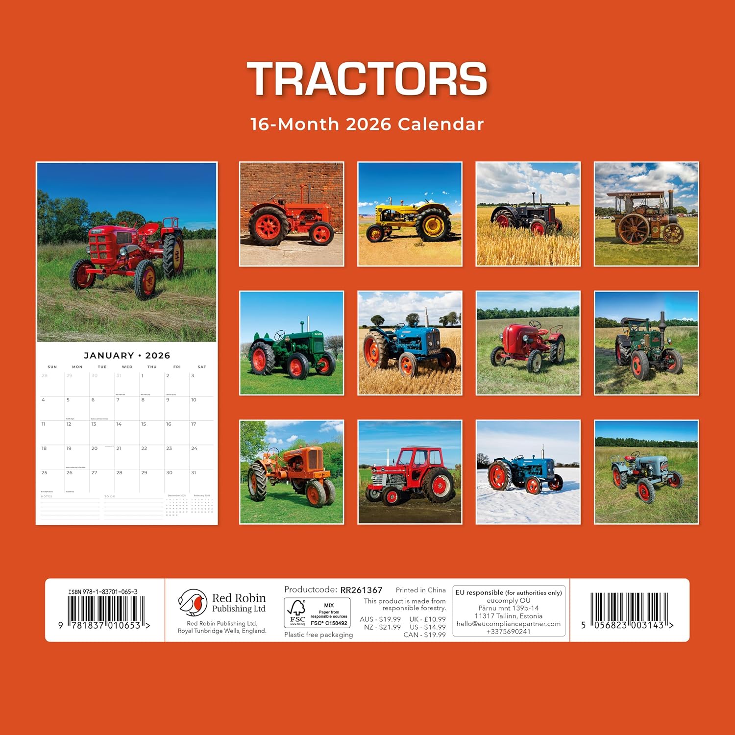 Red Robin 2026 Tractors Monthly Wall Calendar | 12" x 24" Open | Premium Thick & Sturdy Paper | Hangable 12 Month Calendar | Lined Notes & To Do Area | Vivid Images | Plastic Free