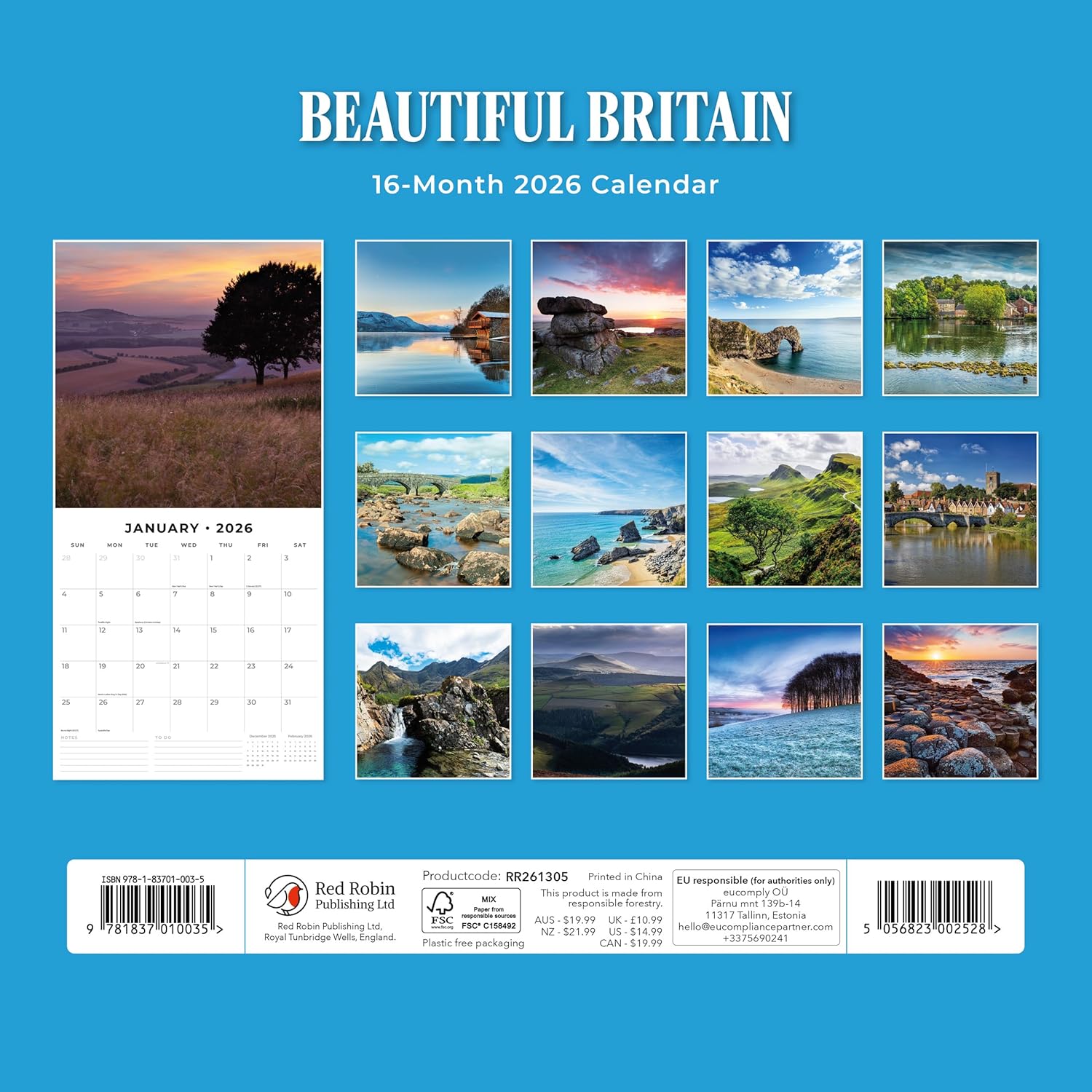 Red Robin 2026 Beautiful Britain Monthly Wall Calendar | 12" x 24" Open | Premium Thick & Sturdy Paper | Hangable 12 Month Calendar | Lined Notes & To Do Area | Vivid Images | Plastic Free