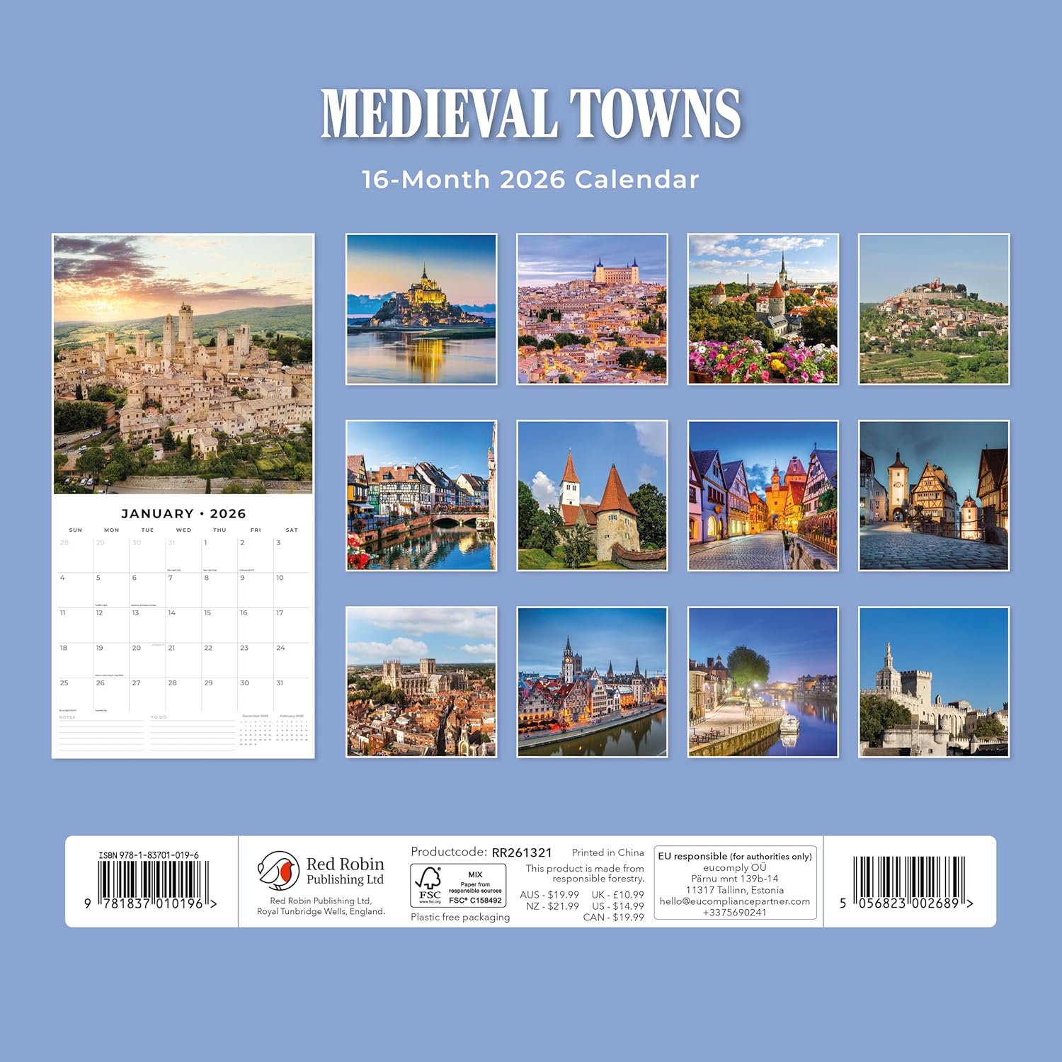 Red Robin 2026 Medieval Towns Monthly Wall Calendar | 12" x 24" Open | Premium Thick & Sturdy Paper | Hangable 12 Month Calendar | Lined Notes & To Do Area | Vivid Images | Plastic Free