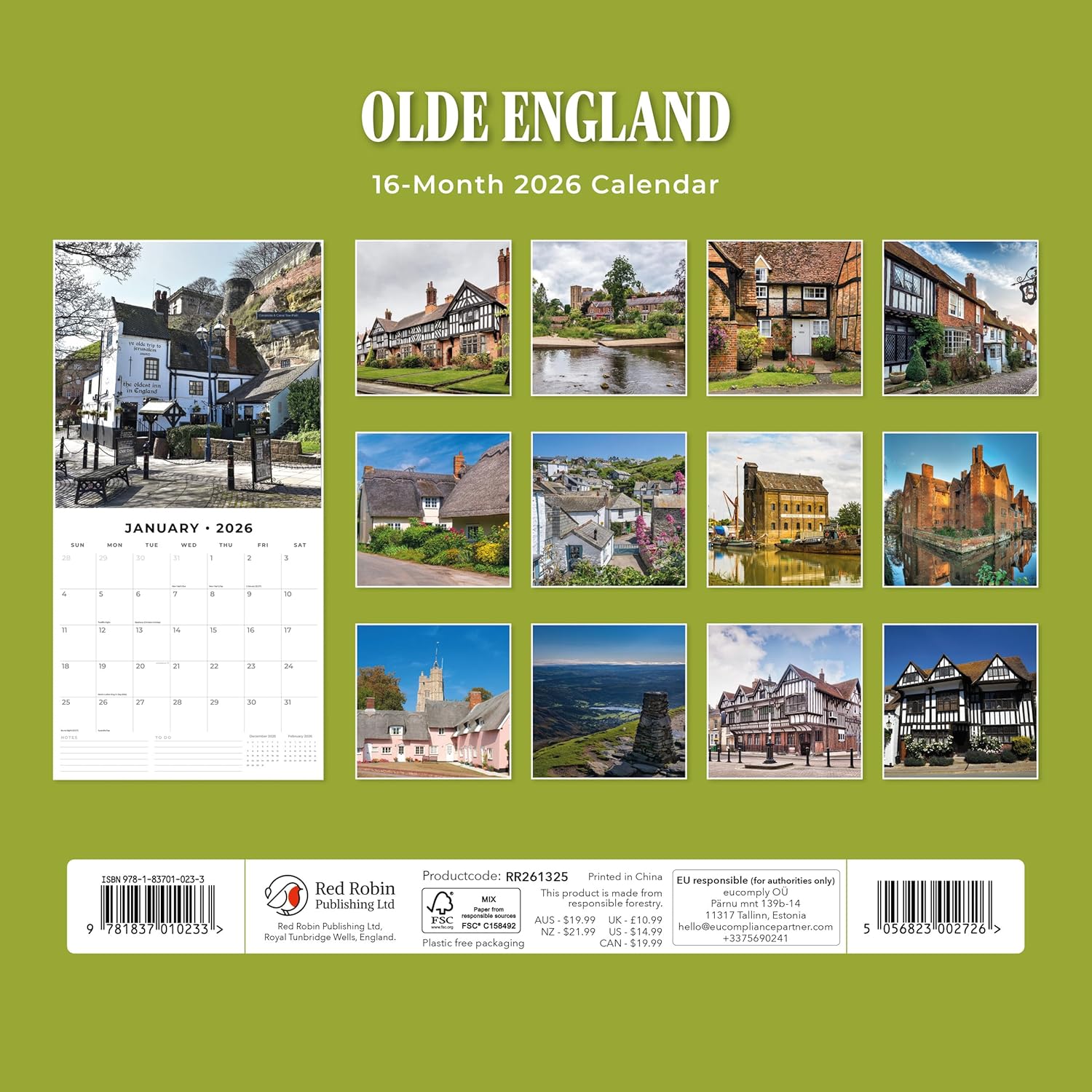 Red Robin 2026 Olde England Monthly Wall Calendar | 12" x 24" Open | Premium Thick & Sturdy Paper | Hangable 12 Month Calendar | Lined Notes & To Do Area | Vivid Images | Plastic Free