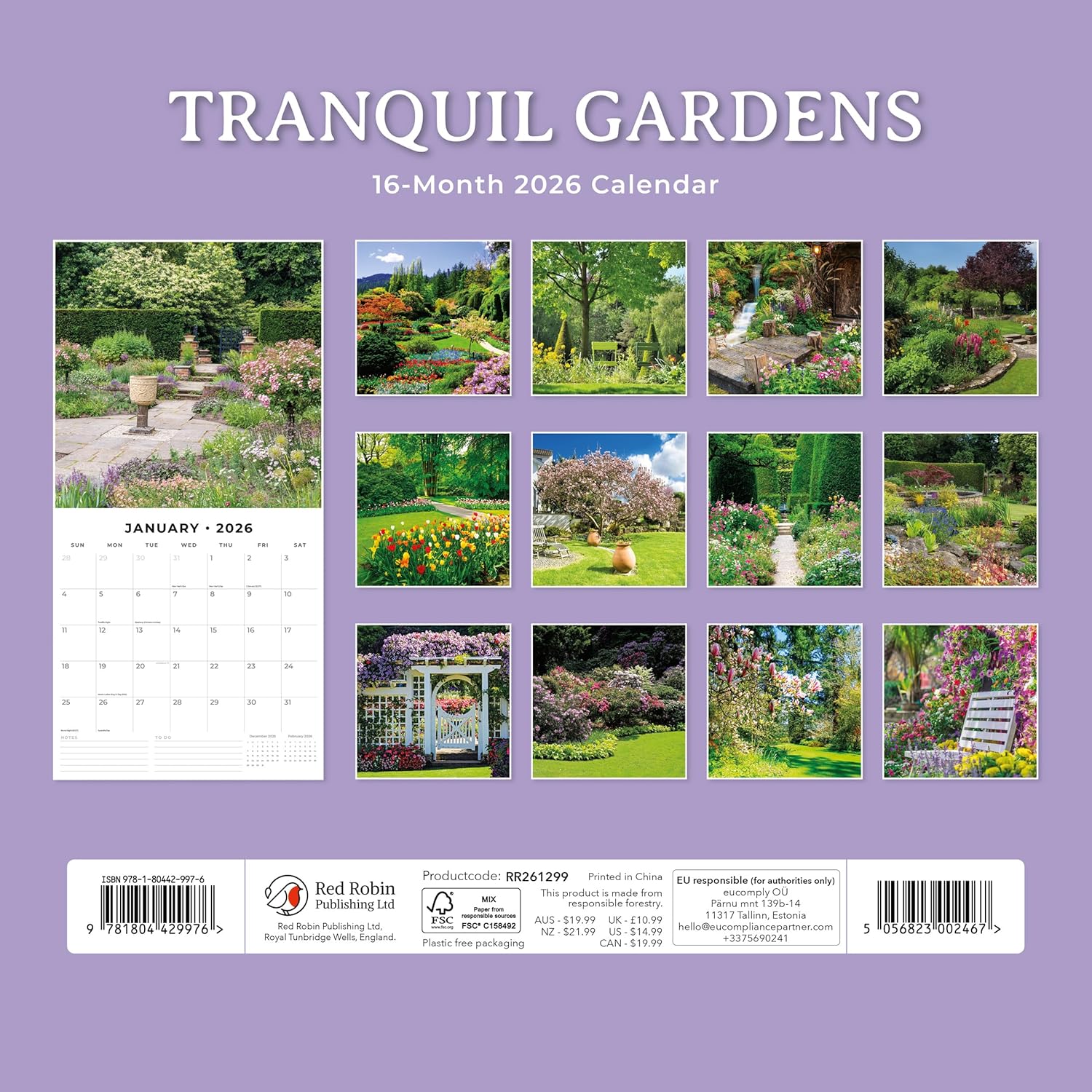 Red Robin 2026 Tranquil Gardens Monthly Wall Calendar | 12" x 24" Open | Premium Thick & Sturdy Paper | Hangable 12 Month Calendar | Lined Notes & To Do Area | Vivid Images | Plastic Free
