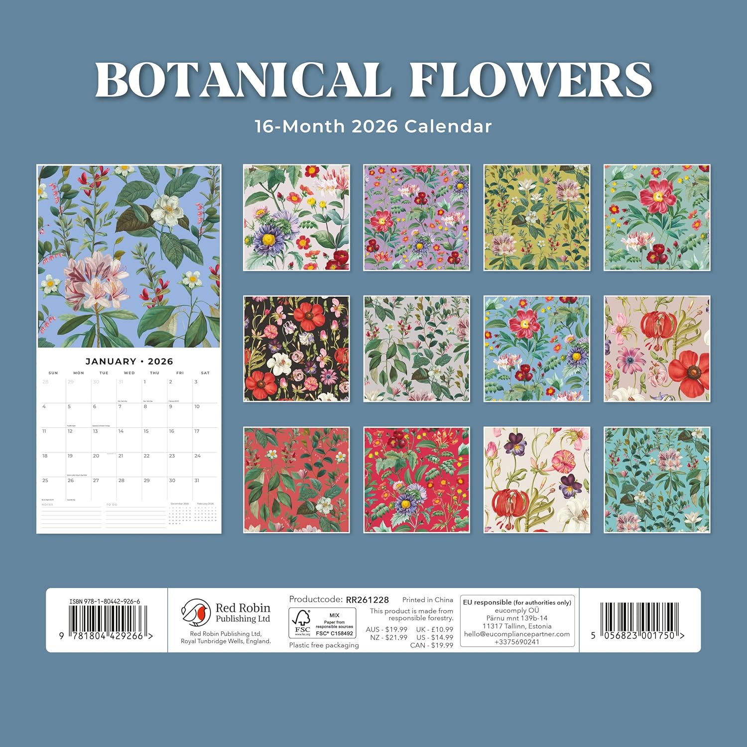 Red Robin 2026 Botanical Flowers Monthly Wall Calendar | 12" x 24" Open | Premium Thick & Sturdy Paper | Hangable 12 Month Calendar | Lined Notes & To Do Area | Vivid Images | Plastic Free