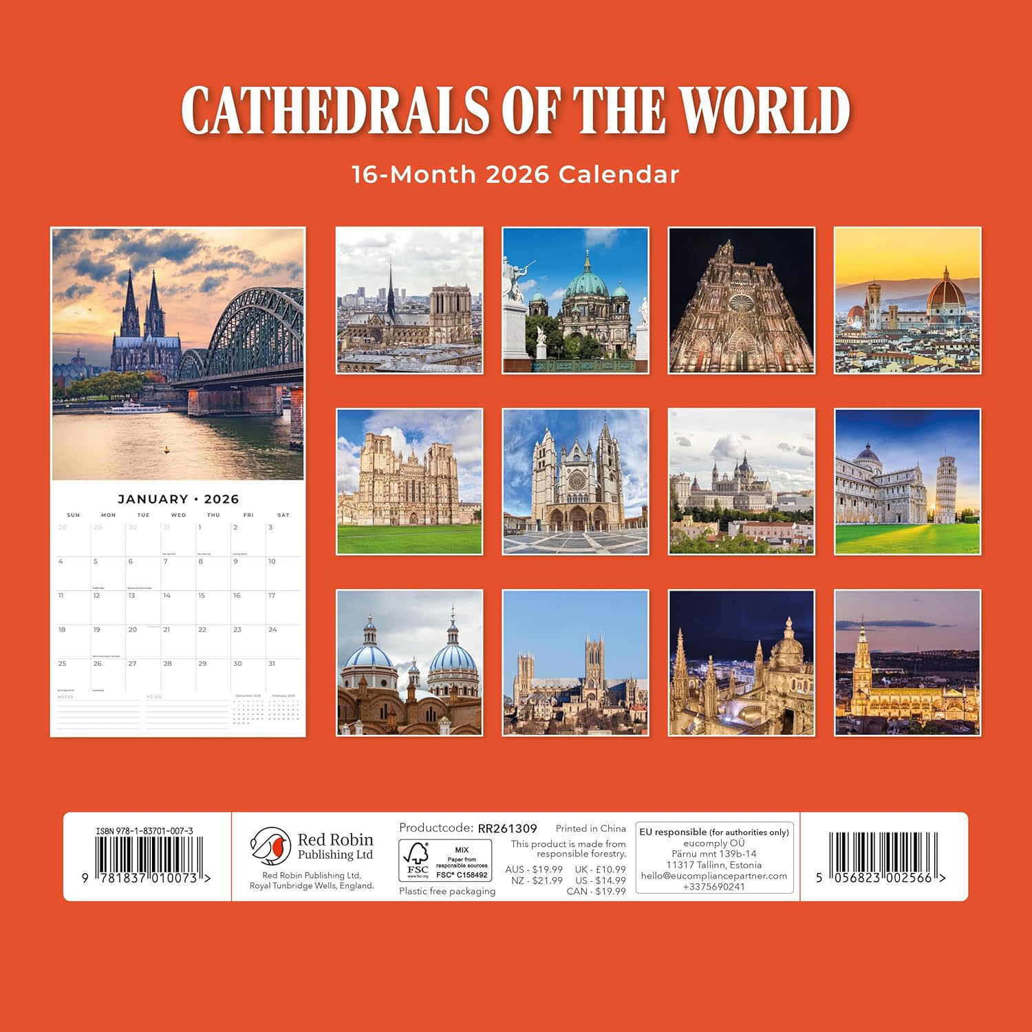 Red Robin 2026 Cathedrals of the World Monthly Wall Calendar | 12" x 24" Open | Premium Thick & Sturdy Paper | Hangable 12 Month Calendar | Lined Notes & To Do Area | Vivid Images | Plastic Free