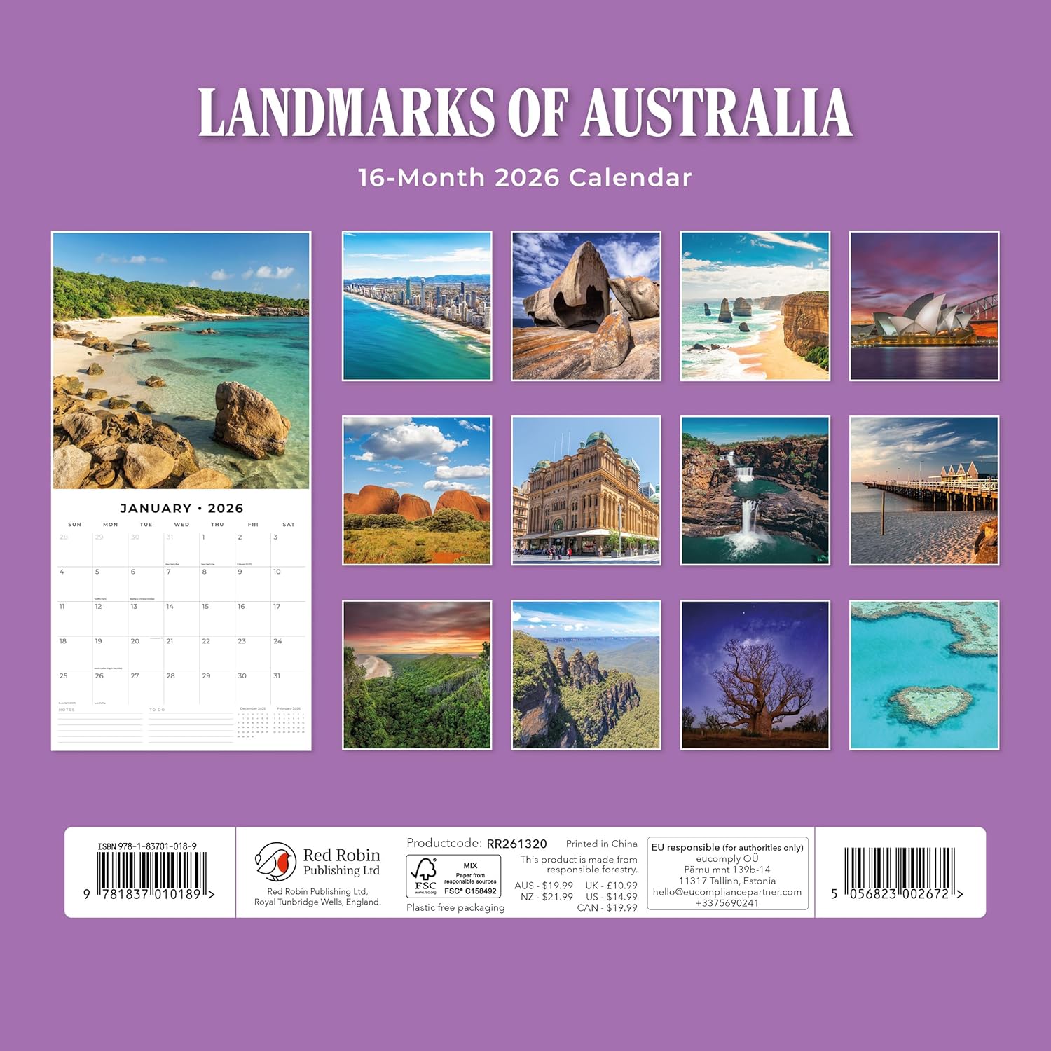 Red Robin 2026 Landmarks of Australia Monthly Wall Calendar | 12" x 24" Open | Premium Thick & Sturdy Paper | Hangable 12 Month Calendar | Lined Notes & To Do Area | Vivid Images | Plastic Free