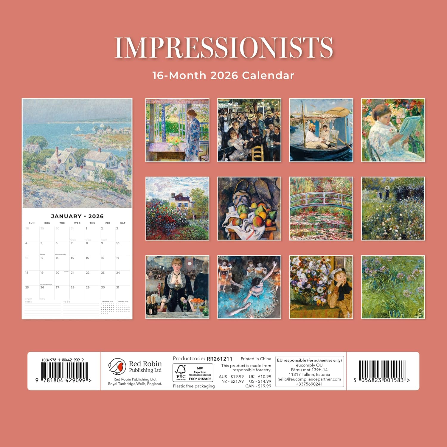 Red Robin 2026 Impressionists Monthly Wall Calendar | 12" x 24" Open | Premium Thick & Sturdy Paper | Hangable 12 Month Calendar | Lined Notes & To Do Area | Vivid Images | Plastic Free