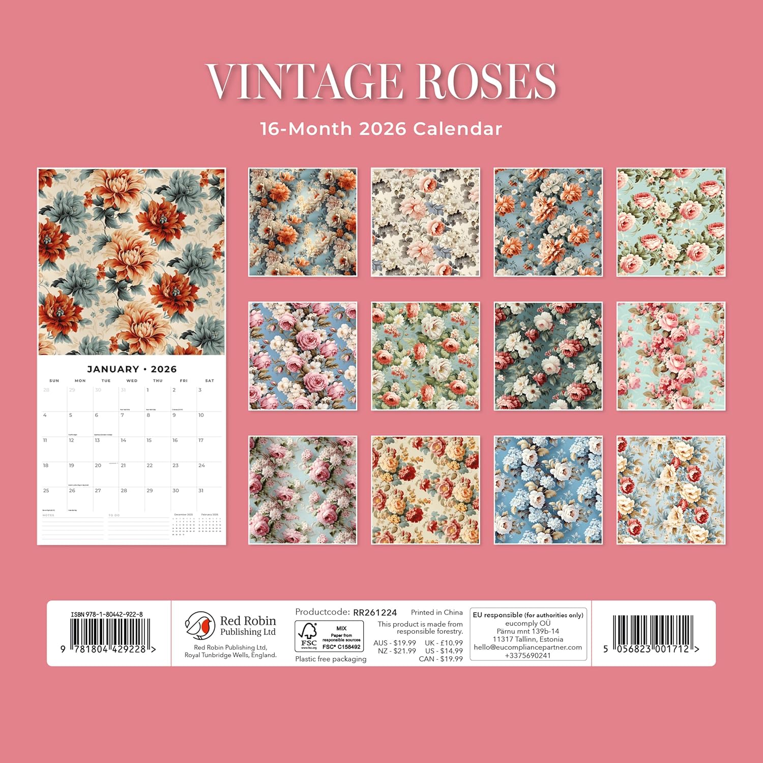 Red Robin 2026 Vintage Roses Monthly Wall Calendar | 12" x 24" Open | Premium Thick & Sturdy Paper | Hangable 12 Month Calendar | Lined Notes & To Do Area | Vivid Images | Plastic Free