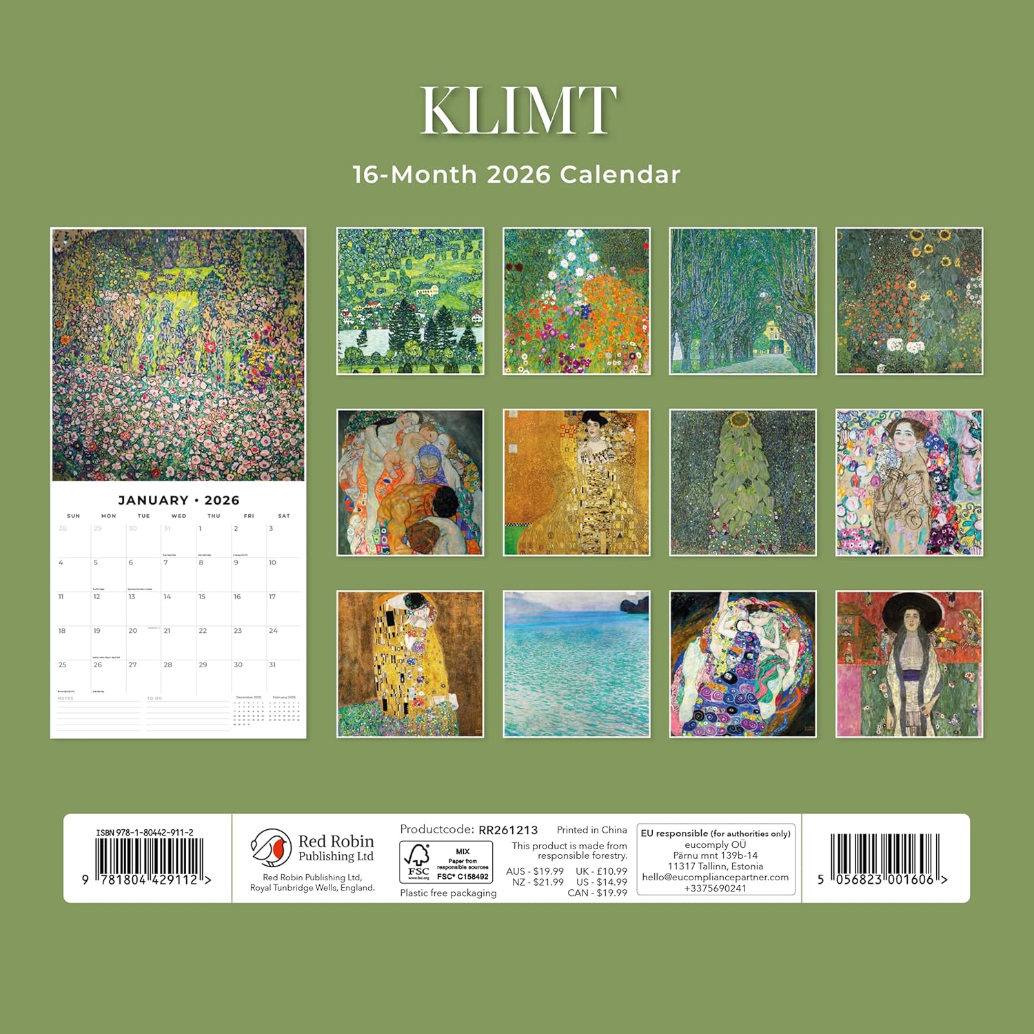 Red Robin 2026 Klimt Monthly Wall Calendar | 12" x 24" Open | Premium Thick & Sturdy Paper | Hangable 12 Month Calendar | Lined Notes & To Do Area | Vivid Images | Plastic Free