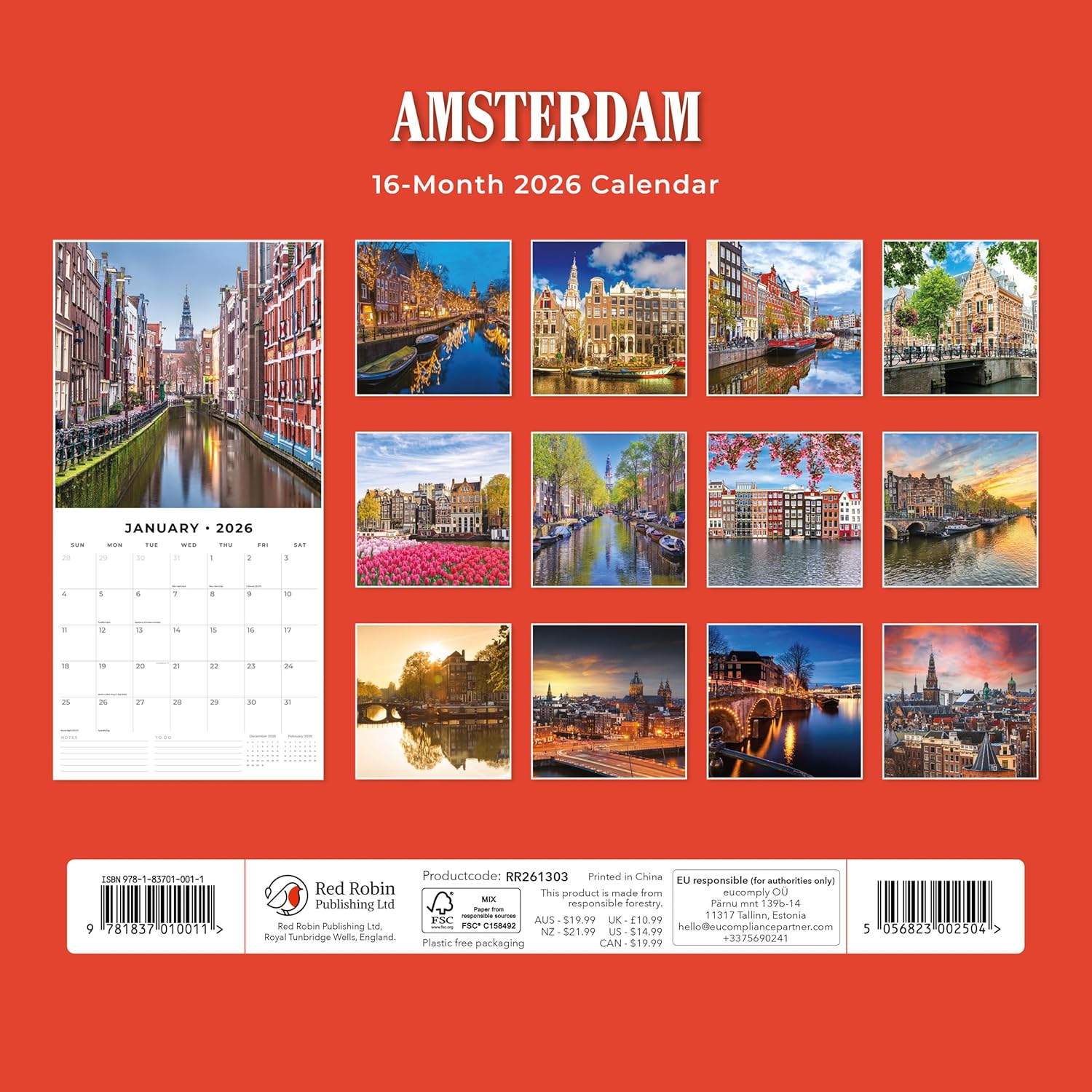 Red Robin 2026 Amsterdam Monthly Wall Calendar | 12" x 24" Open | Premium Thick & Sturdy Paper | Hangable 12 Month Calendar | Lined Notes & To Do Area | Vivid Images | Plastic Free