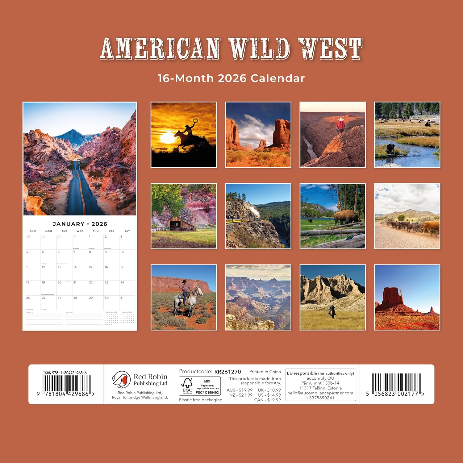 Red Robin 2026 American Wild West Monthly Wall Calendar | 12" x 24" Open | Premium Thick & Sturdy Paper | Hangable 12 Month Calendar | Lined Notes & To Do Area | Vivid Images | Plastic Free